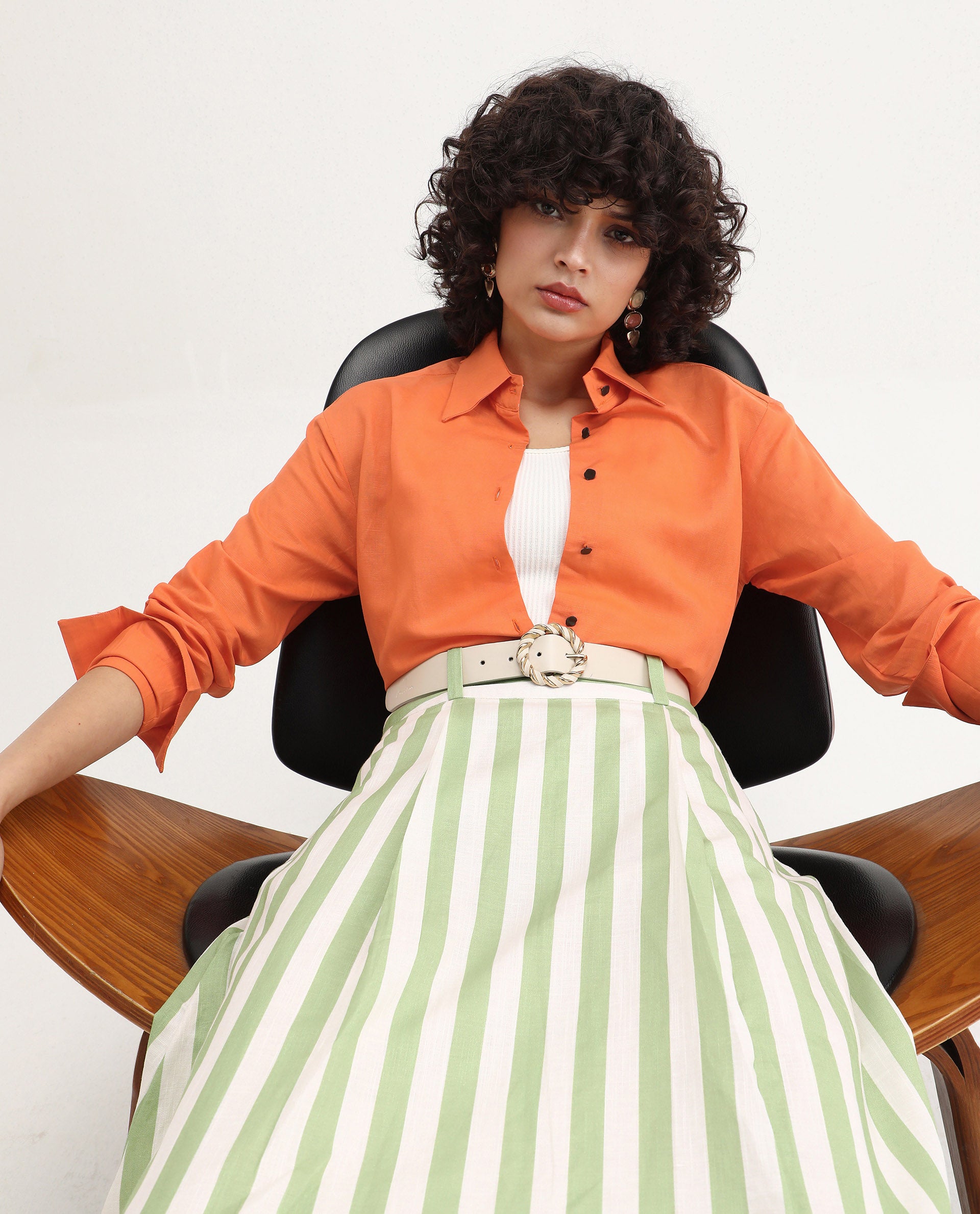 Rareism Women's Harper Orange Linen Spread Collar Plain Regular Fit Top