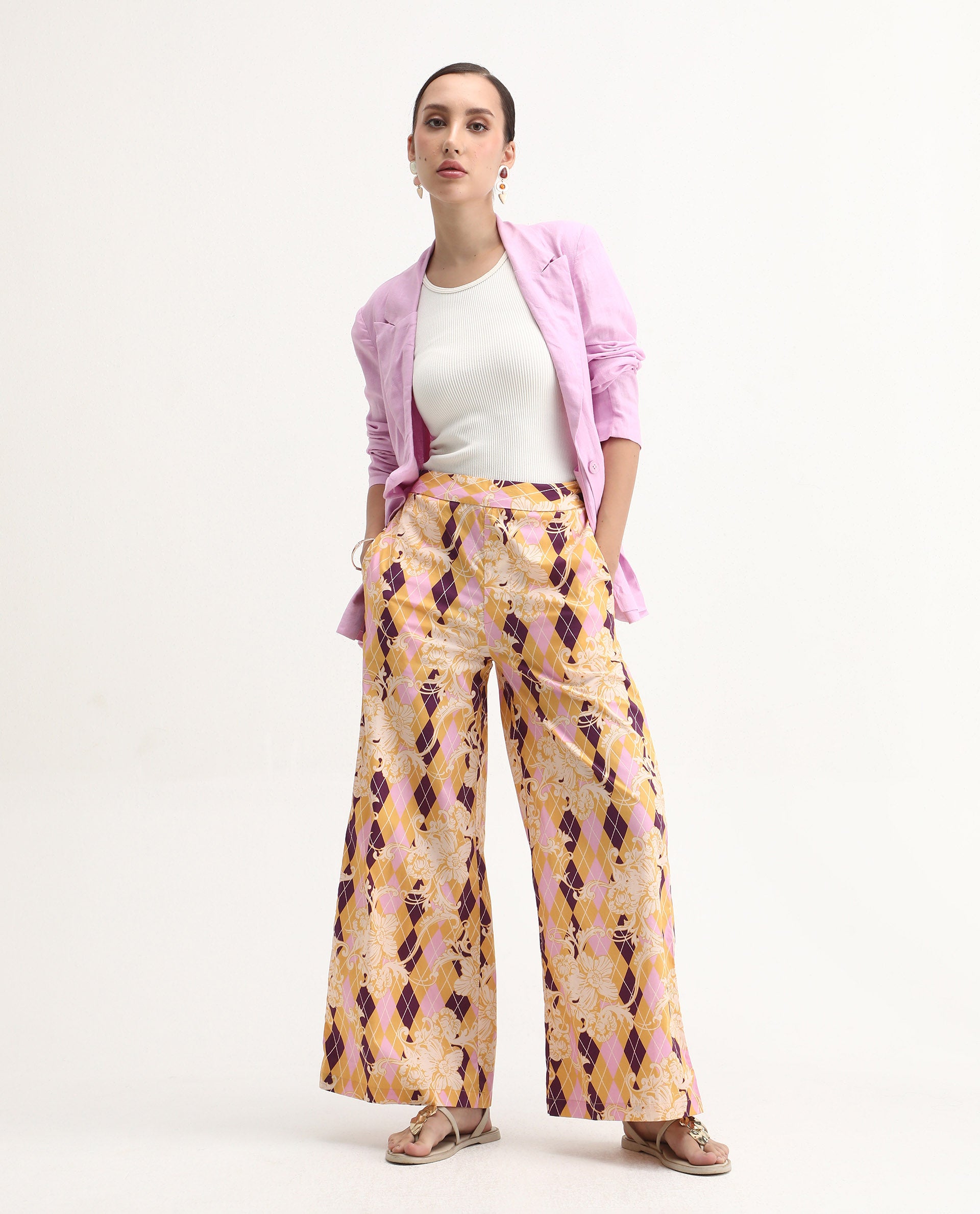 Rareism Women's Bari Light Multi Cotton Geometric Print Ankle Length Wide Trouser