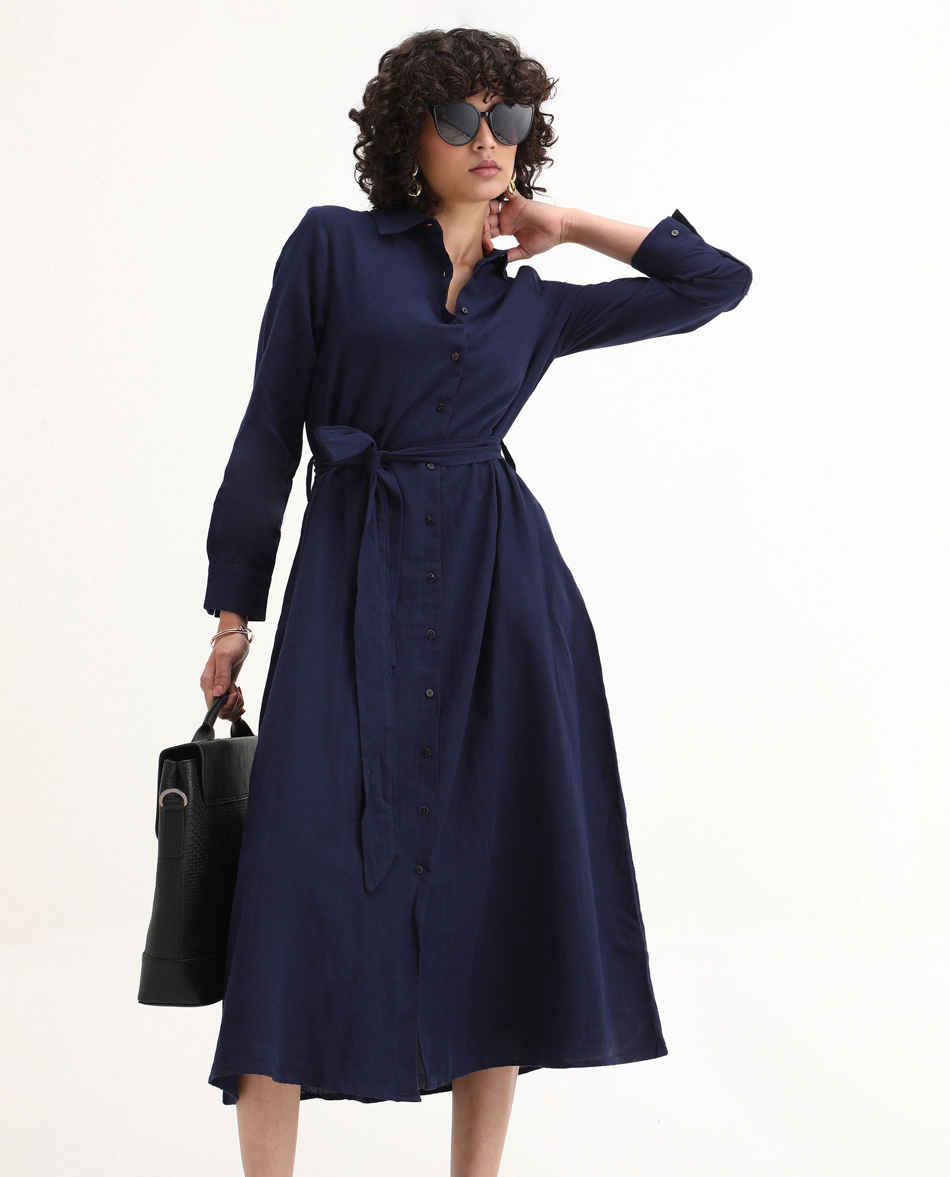 Rareism Women's Perif Dark Navy Cotton Blend Drop Collar Plain Cuffed Sleeve Midi A-Line Dress