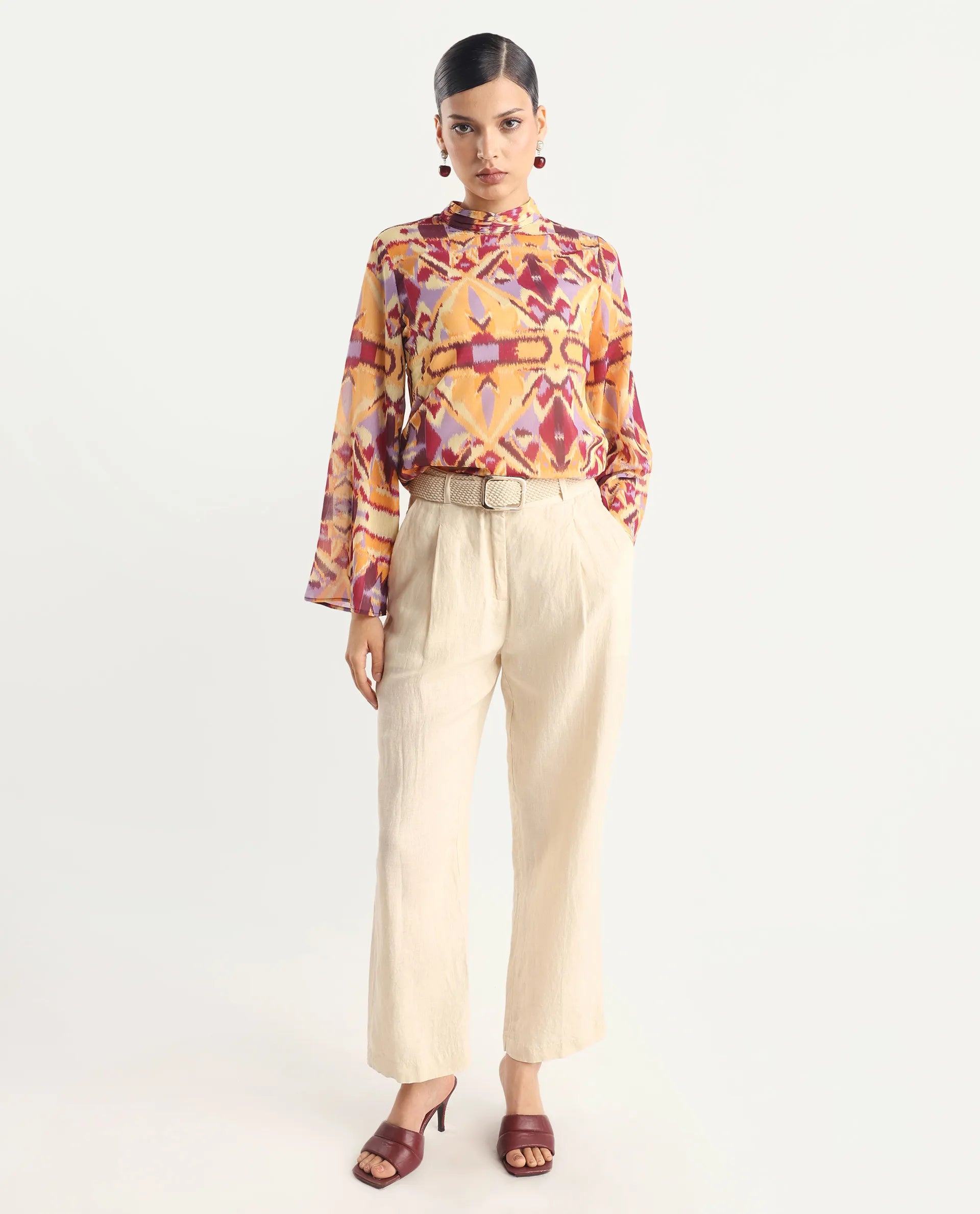 Rareism Women's Hokas Multi Polyester High Neck Abstract Print Relaxed Fit Top