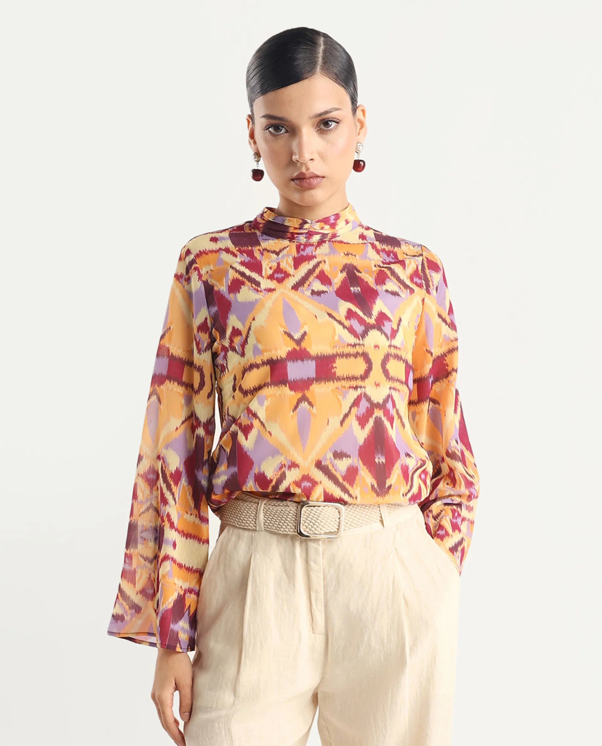 Rareism Women's Hokas Multi Polyester High Neck Abstract Print Relaxed Fit Top