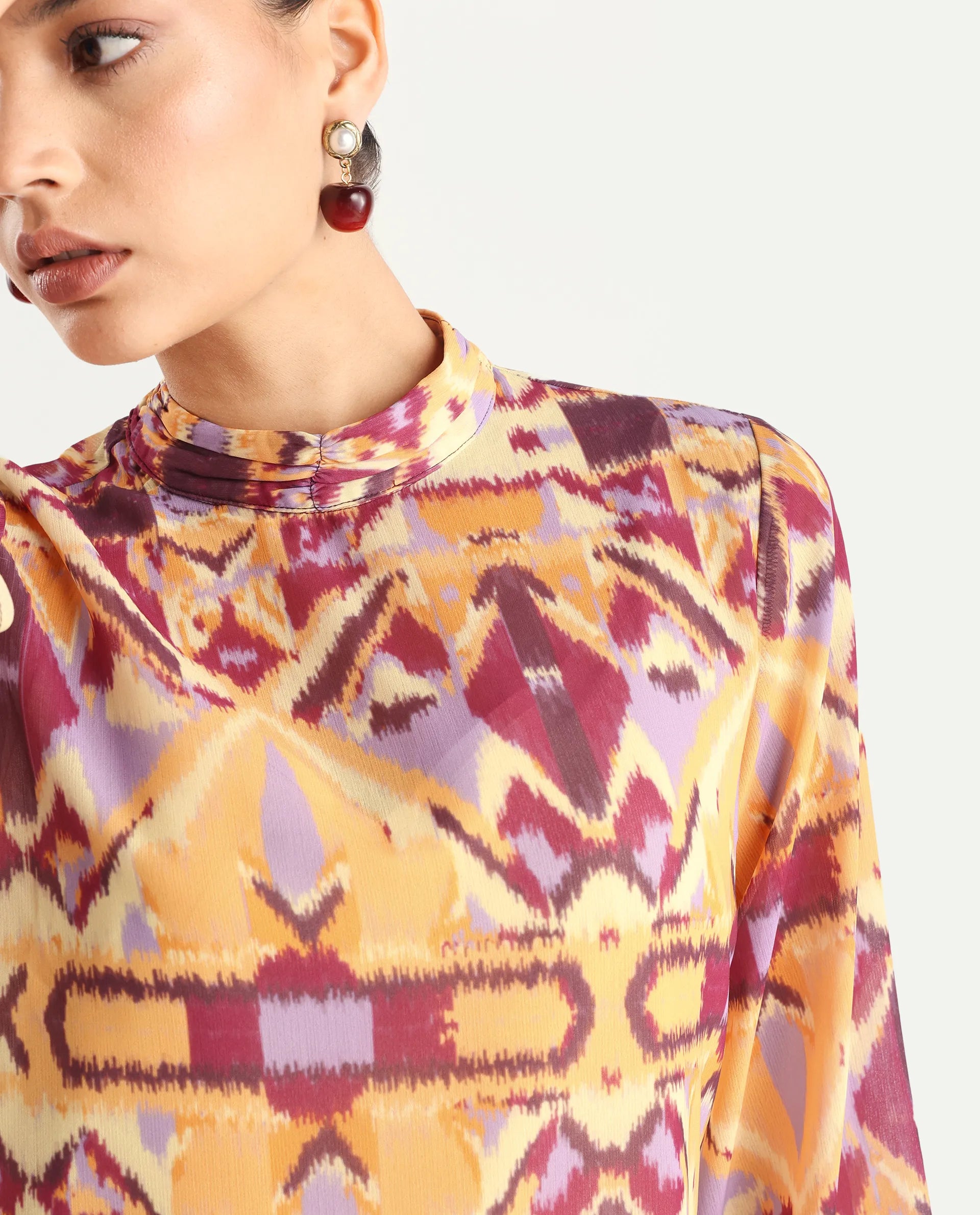 Rareism Women's Hokas Multi Polyester High Neck Abstract Print Relaxed Fit Top