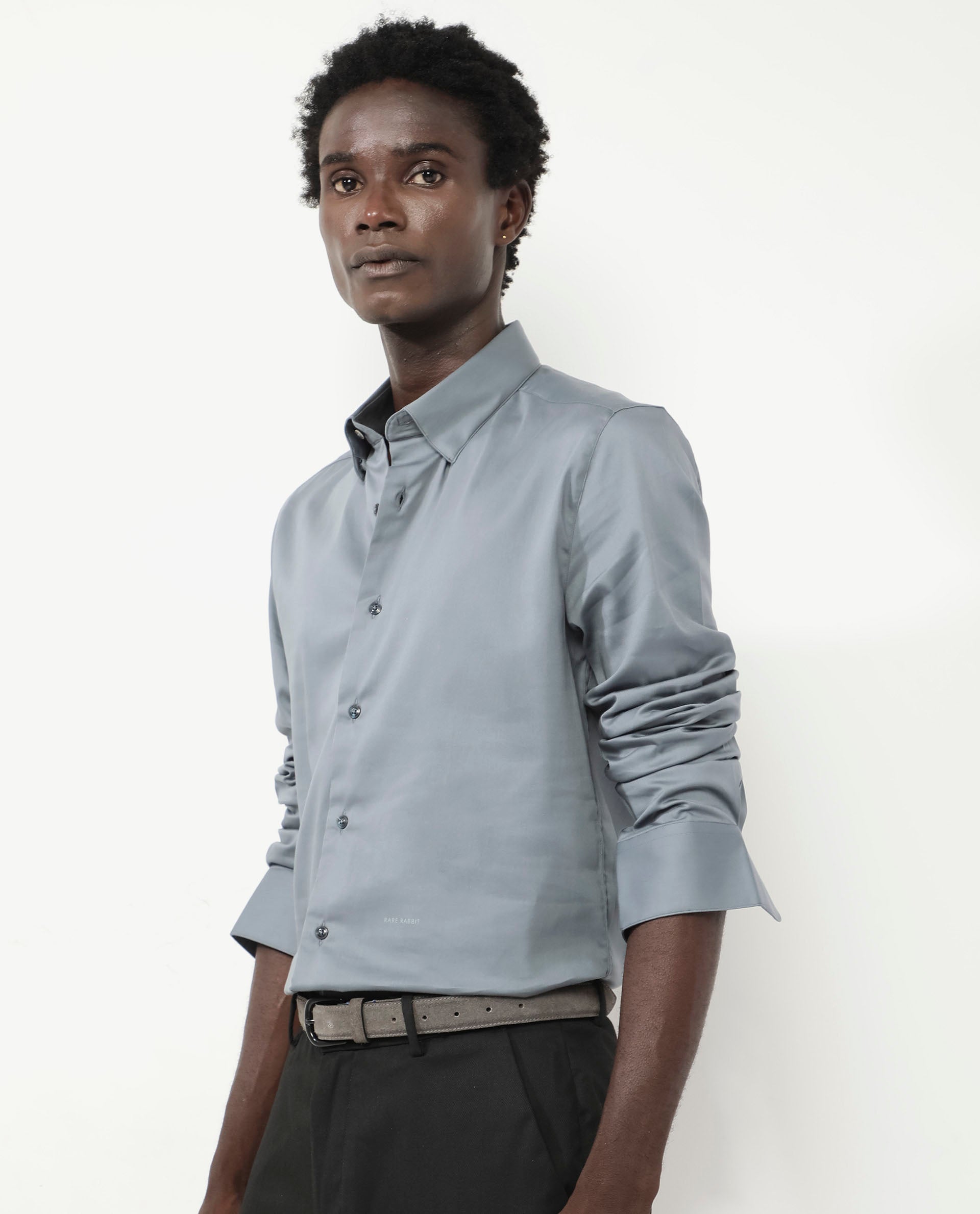 Rare Rabbit Men's Holand Dusky Green Satin Fabric Full Sleeves Solid Shirt