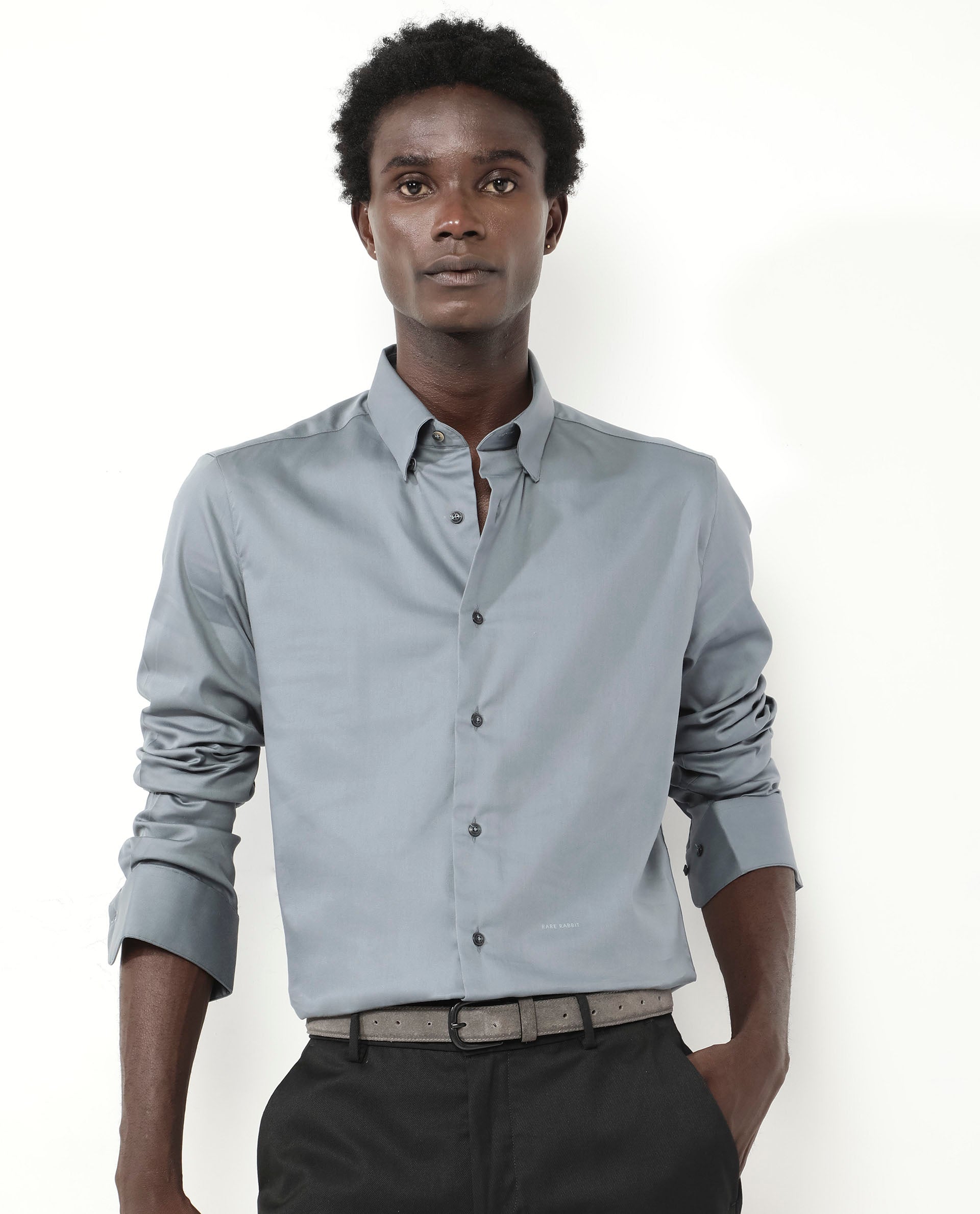 Rare Rabbit Men's Holand Dusky Green Satin Fabric Full Sleeves Solid Shirt