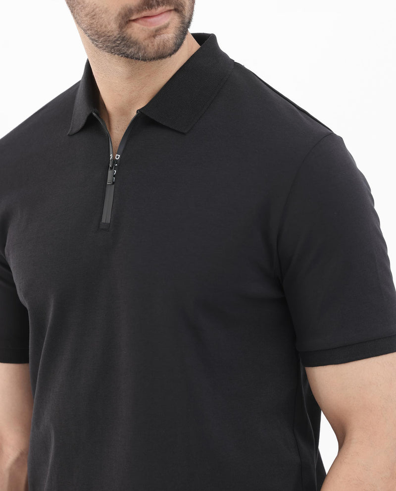 Rare Rabbit Men's Holit Black Half Sleeves Button Closure Solid Polo T-Shirt