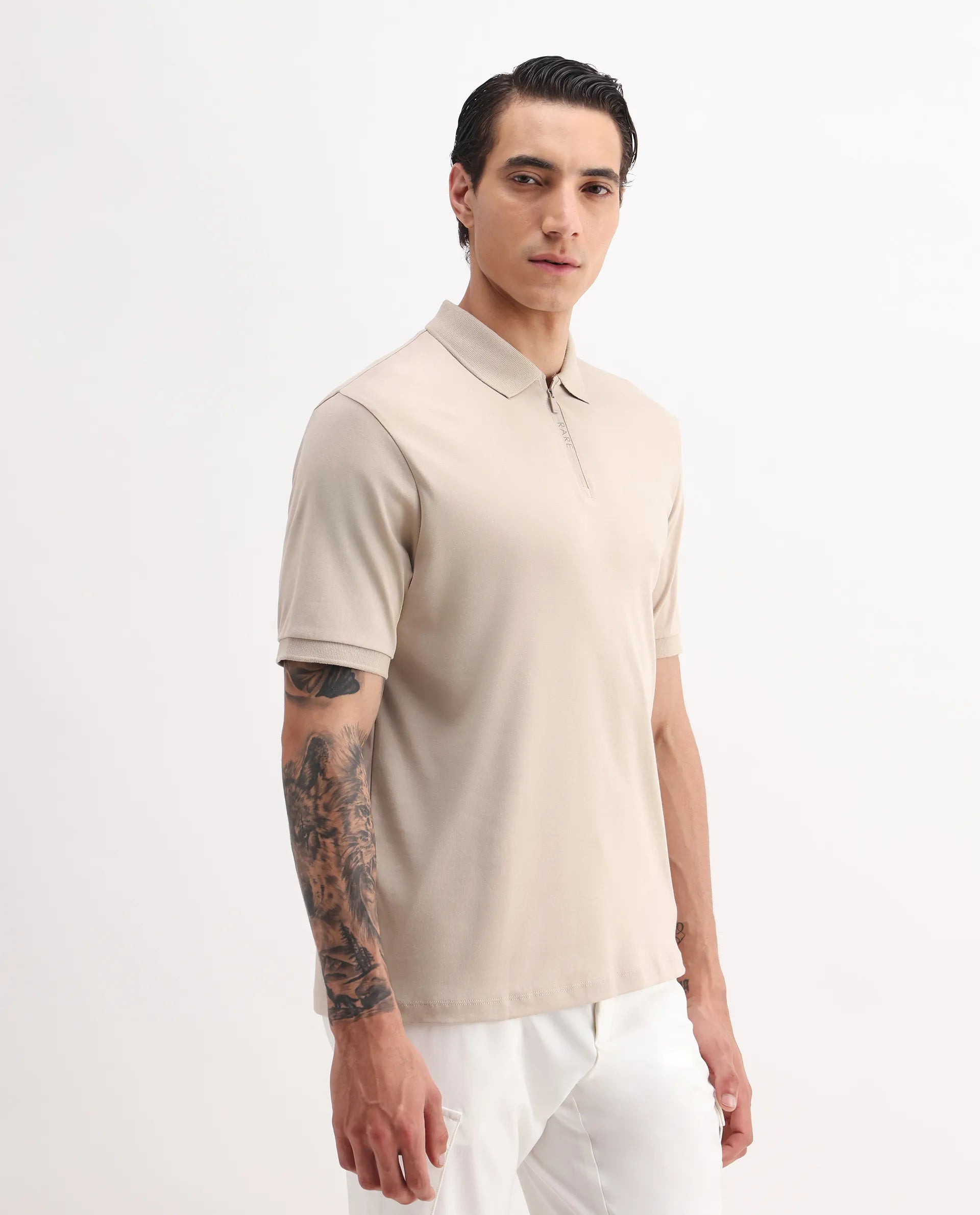 Rare Rabbit Men's Holit-1 Dusky Beige Cotton Plain Regular Fit Half Sleeve Polo