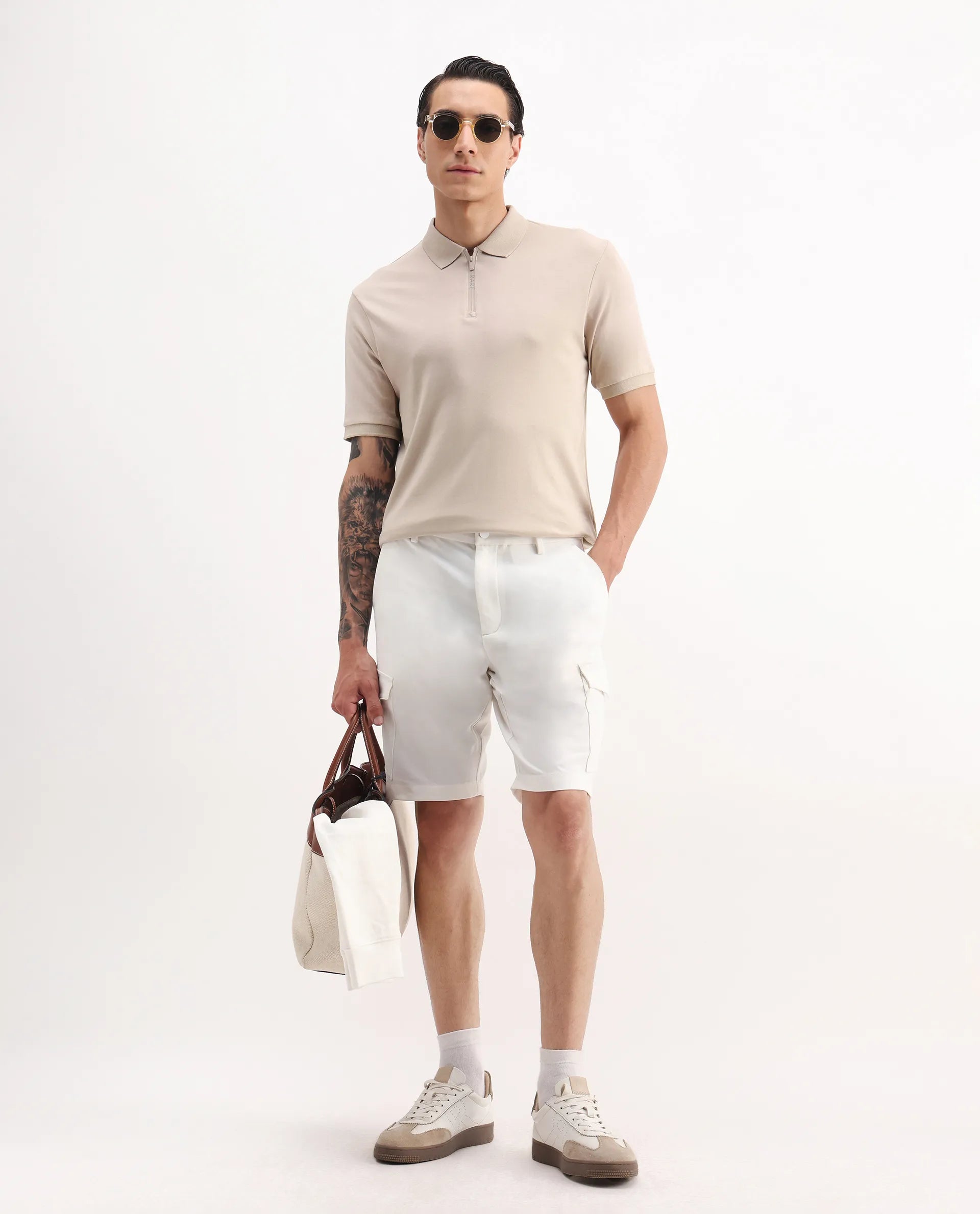 Rare Rabbit Men's Holit-1 Dusky Beige Cotton Plain Regular Fit Half Sleeve Polo