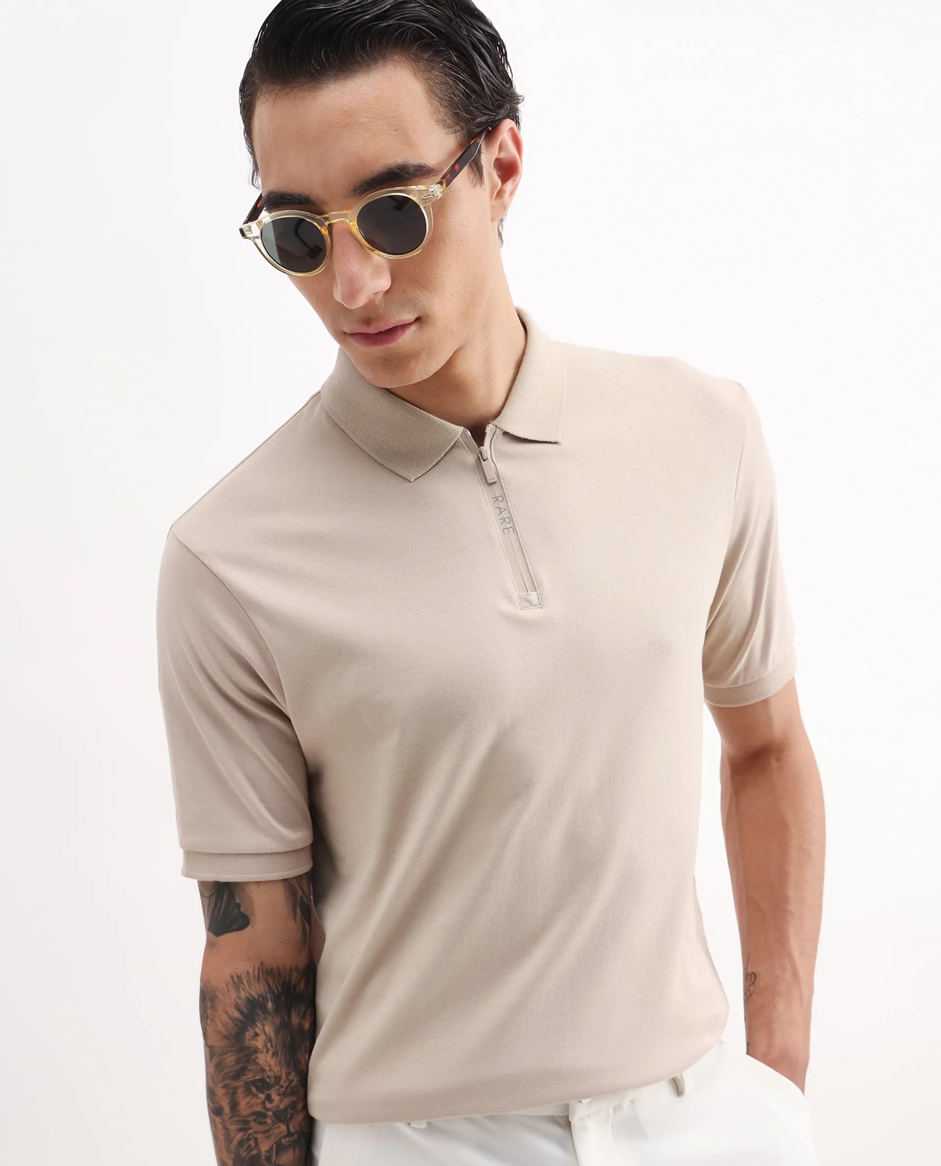 Rare Rabbit Men's Holit-1 Dusky Beige Cotton Plain Regular Fit Half Sleeve Polo