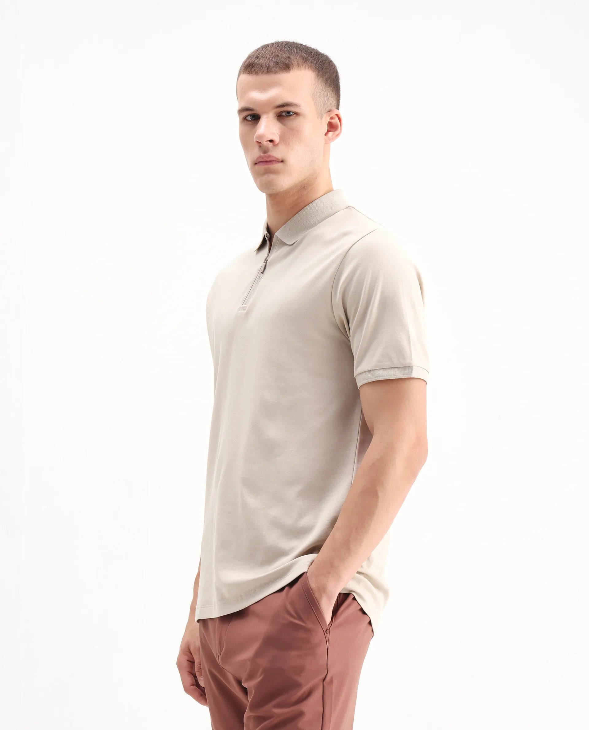 Rare Rabbit Men's Holit Dusky Beige Cotton Plain Regular Fit Half Sleeve Polo