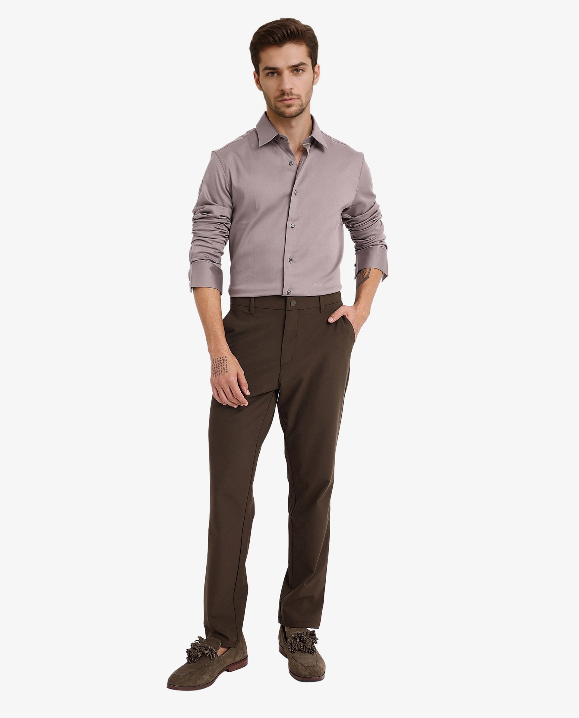 Rare Rabbit  Men's Holla Grey Full Sleeves Regular Fit Satin Stretch Cotton Plain Shirt