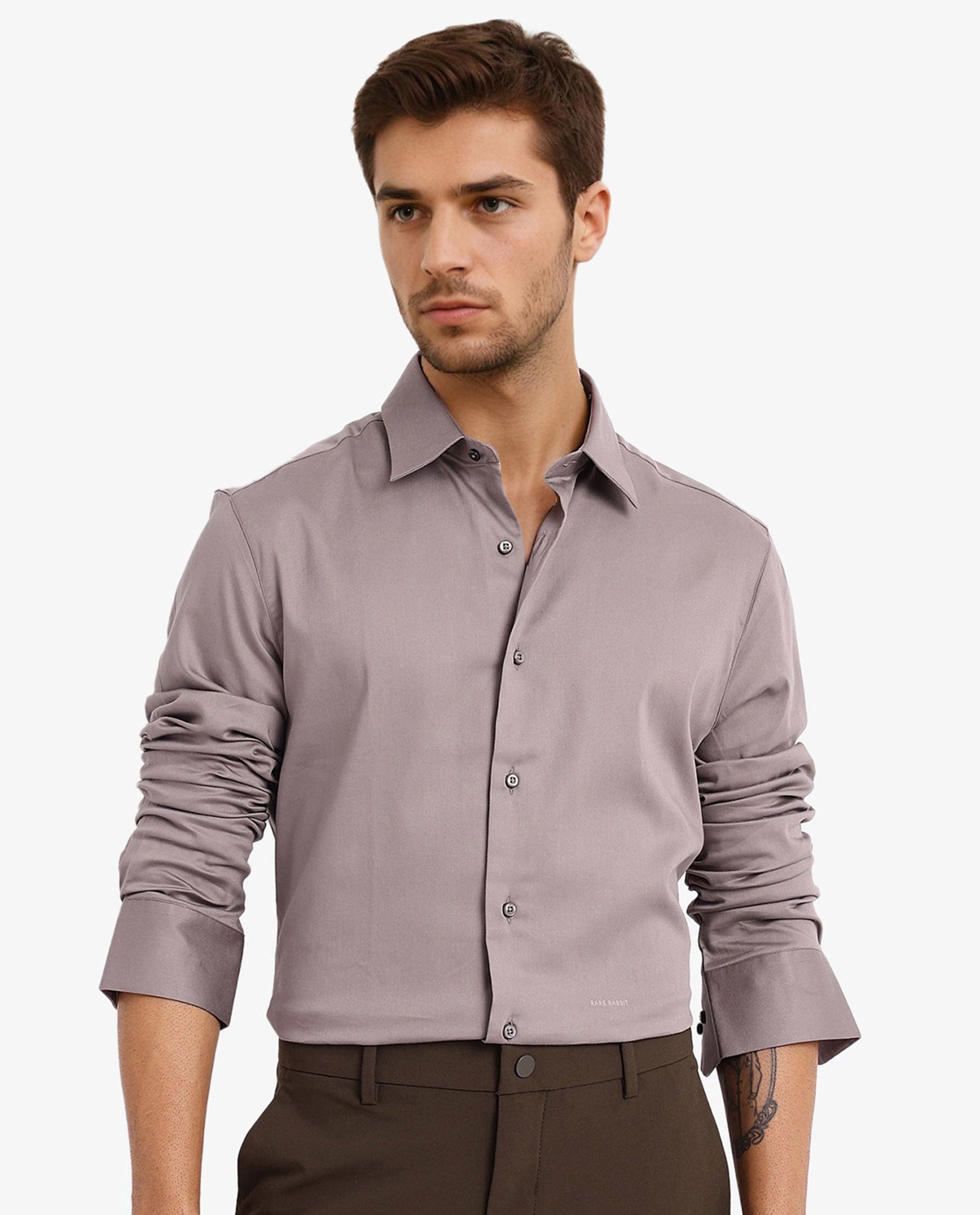 Rare Rabbit  Men's Holla Grey Full Sleeves Regular Fit Satin Stretch Cotton Plain Shirt