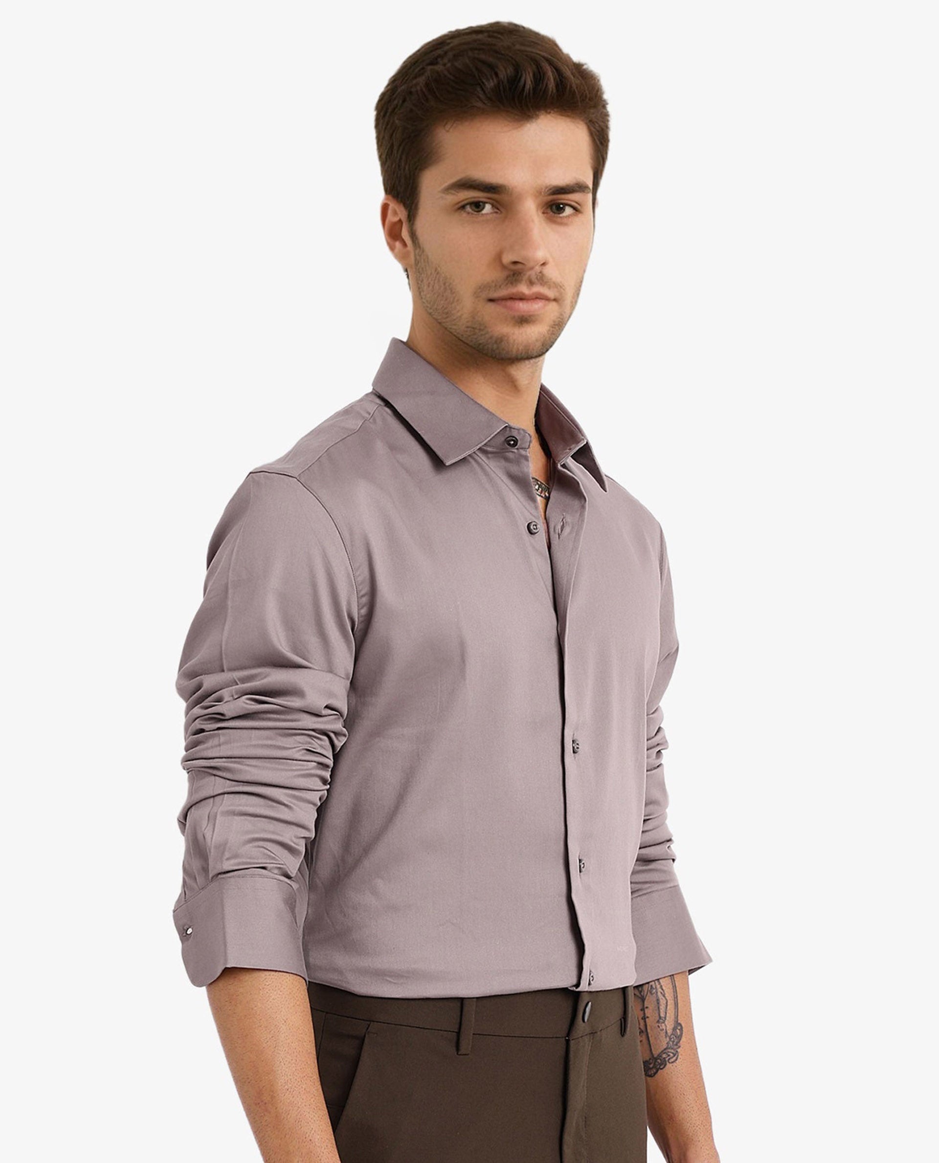 Rare Rabbit  Men's Holla Grey Full Sleeves Regular Fit Satin Stretch Cotton Plain Shirt