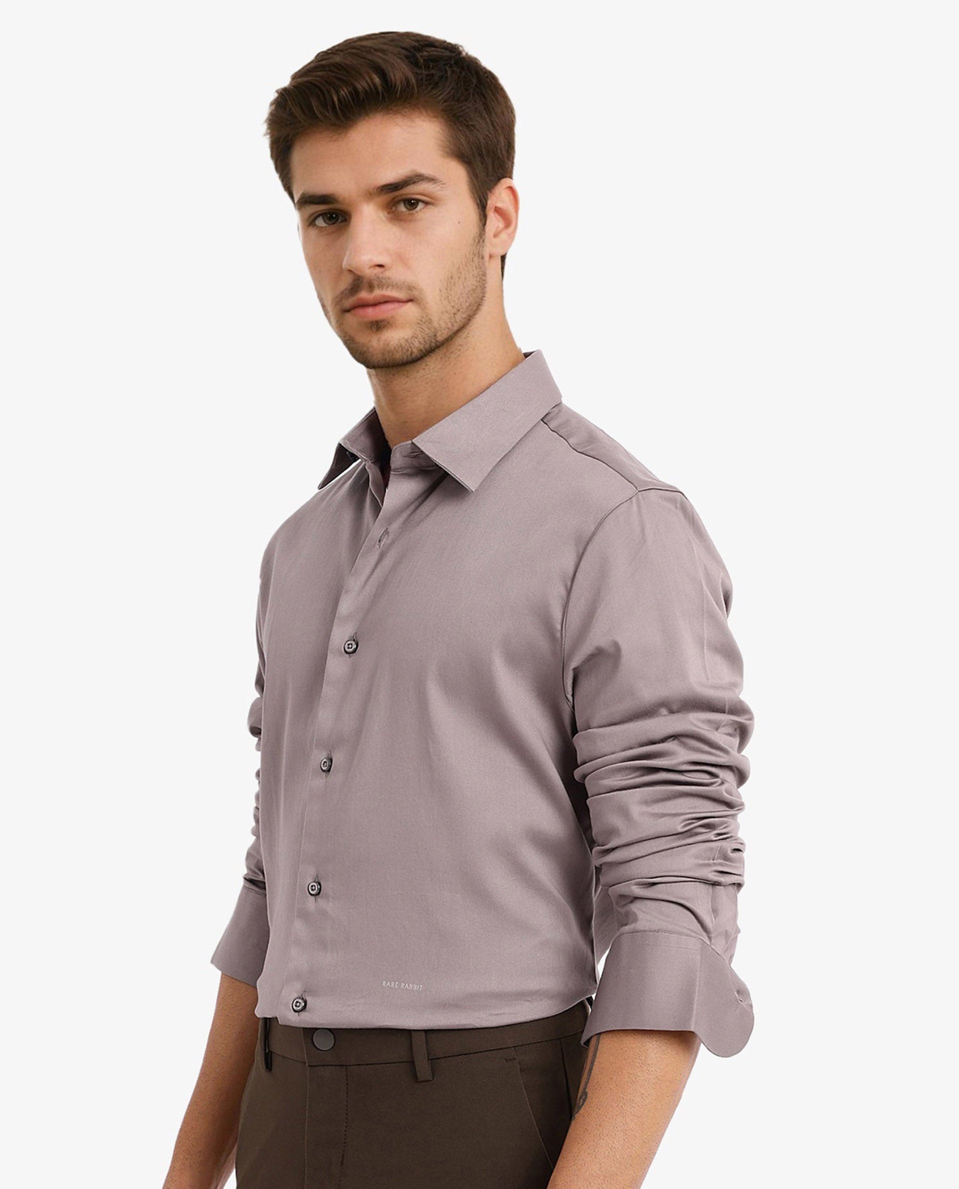 Rare Rabbit  Men's Holla Grey Full Sleeves Regular Fit Satin Stretch Cotton Plain Shirt