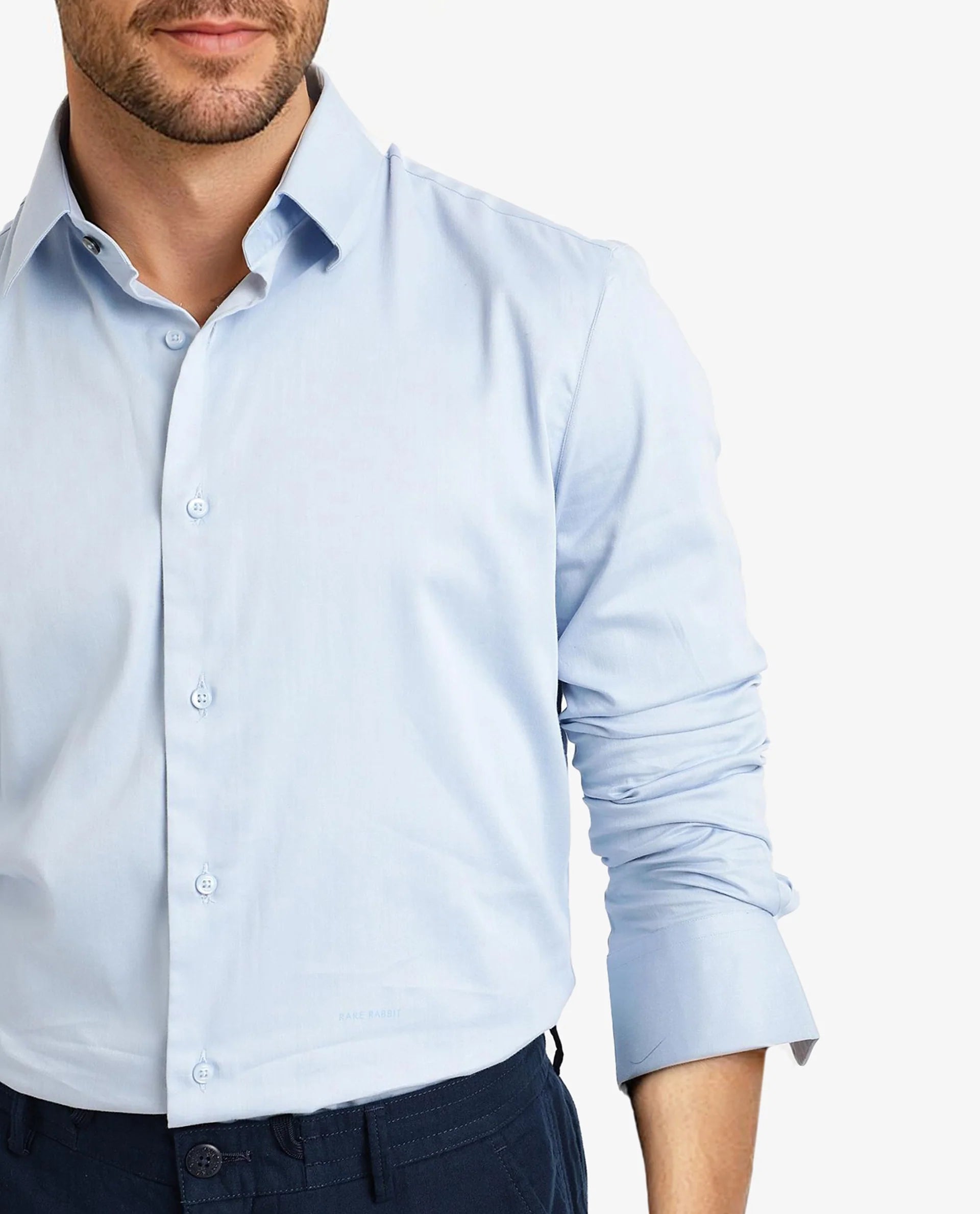 Rare Rabbit Men Holla Light Blue Full Sleeves Regular Fit Satin Stretch Cotton Plain Shirt