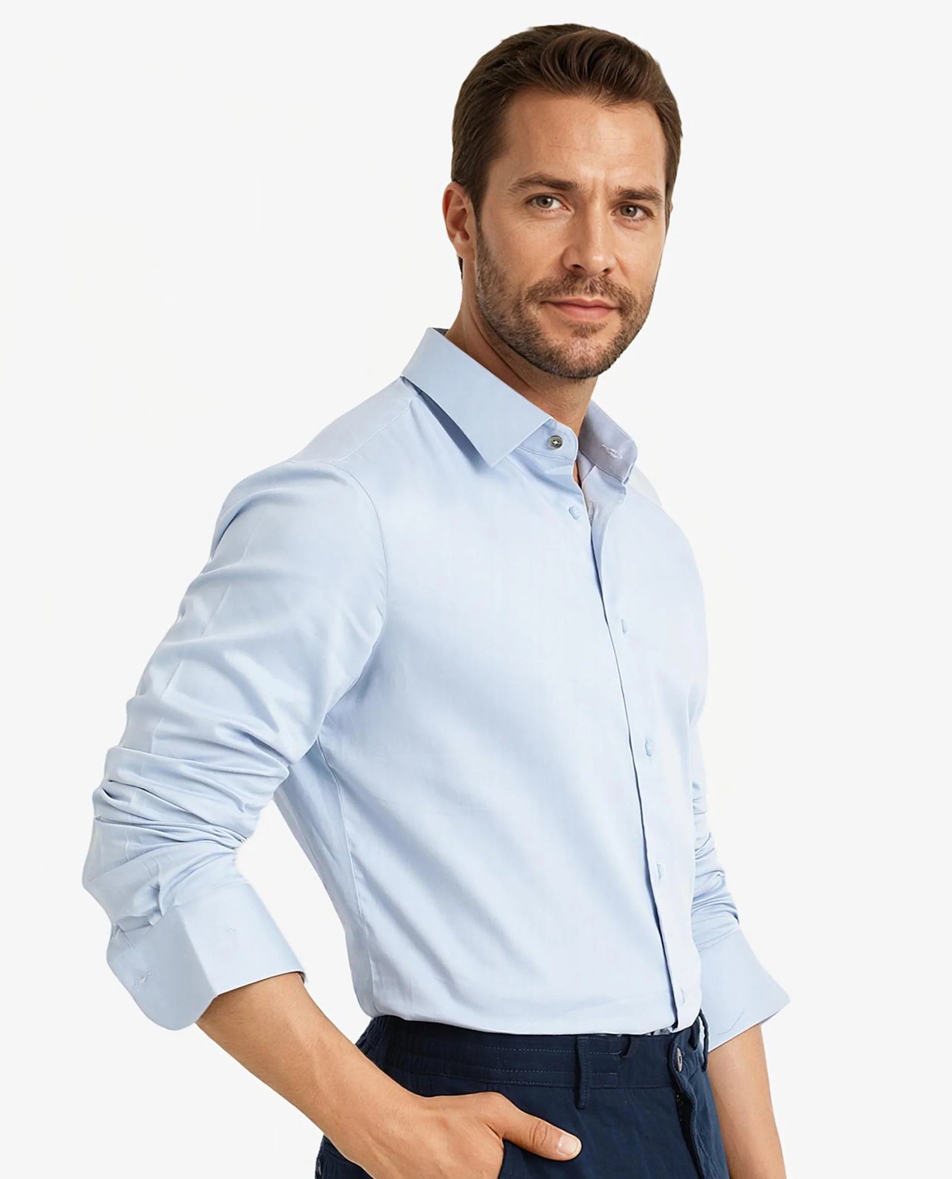 Rare Rabbit Men Holla Light Blue Full Sleeves Regular Fit Satin Stretch Cotton Plain Shirt