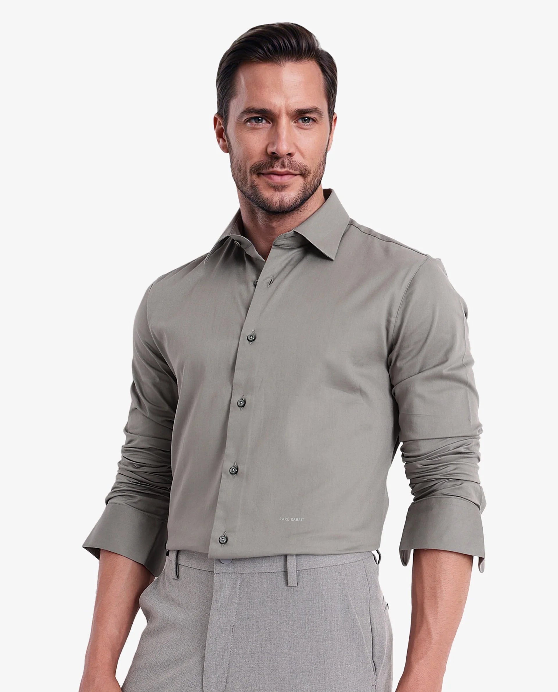 Rare Rabbit  Men's Holla Olive Full Sleeves Regular Fit Satin Stretch Cotton Plain Shirt