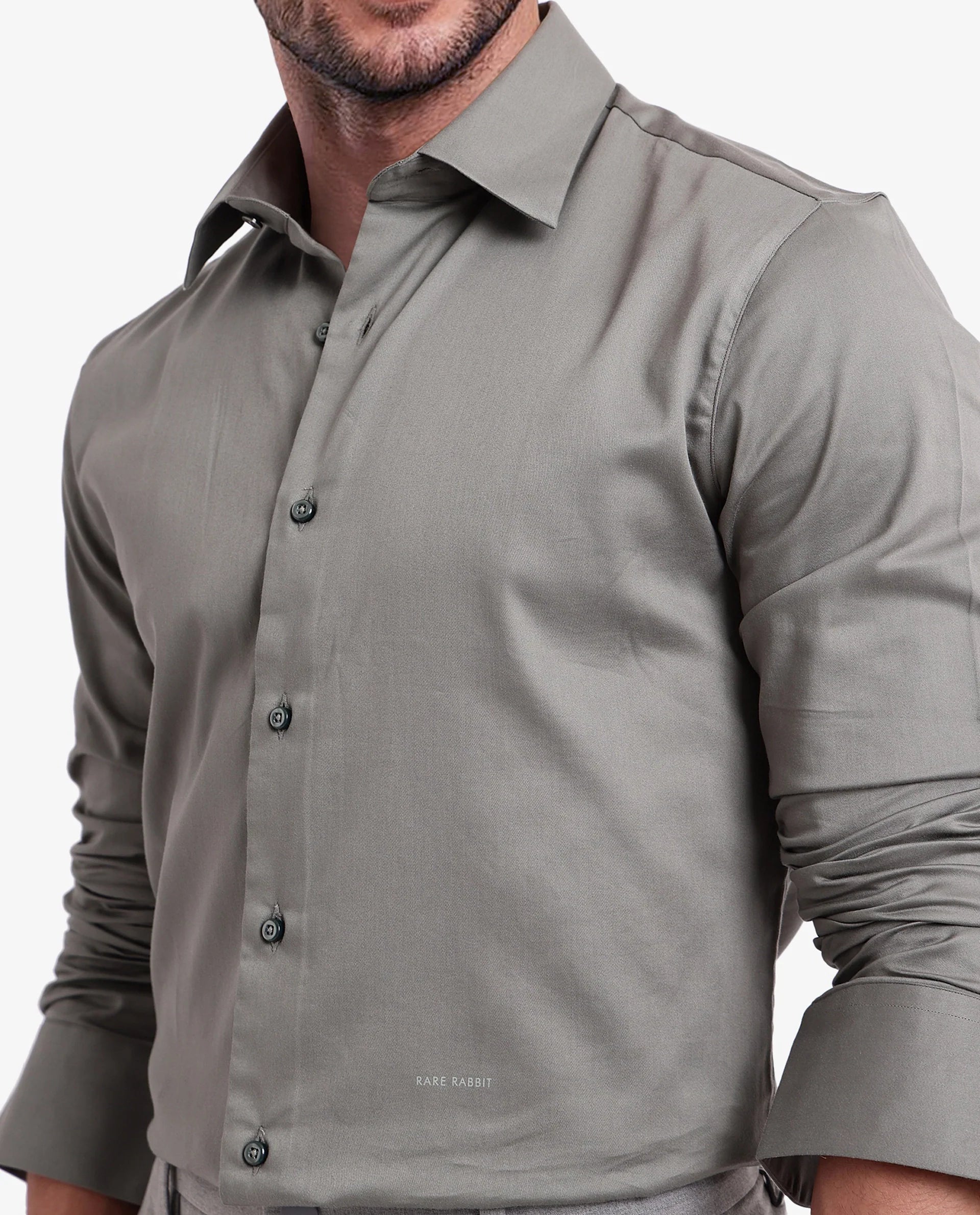 Rare Rabbit  Men's Holla Olive Full Sleeves Regular Fit Satin Stretch Cotton Plain Shirt