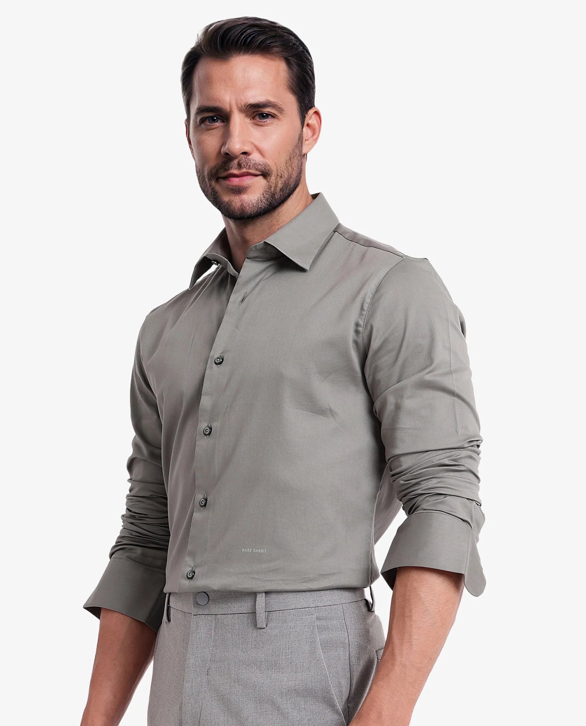 Rare Rabbit  Men's Holla Olive Full Sleeves Regular Fit Satin Stretch Cotton Plain Shirt