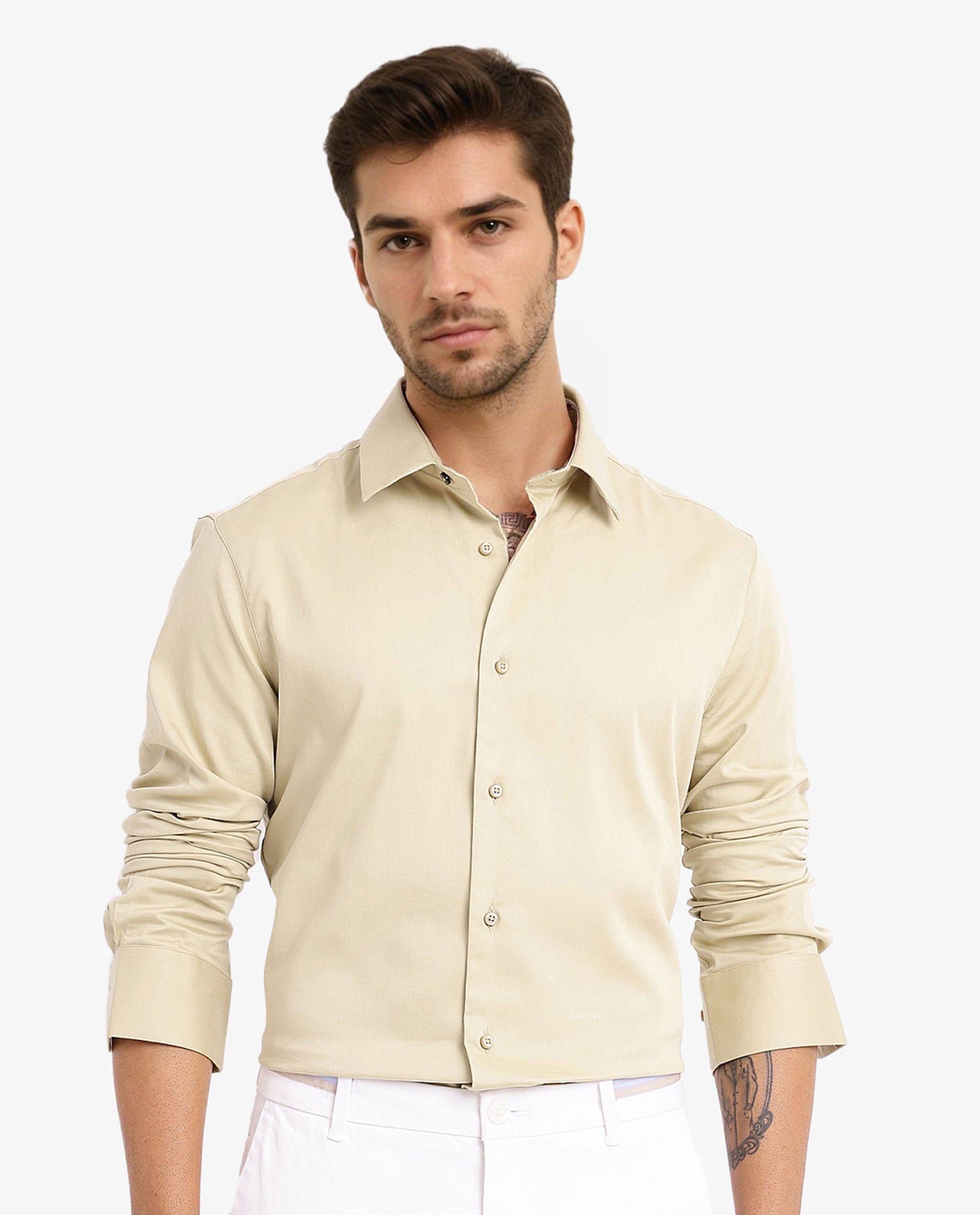 Rare Rabbit  Men's Holla Pastel Green Full Sleeves Regular Fit Satin Stretch Cotton Plain Shirt