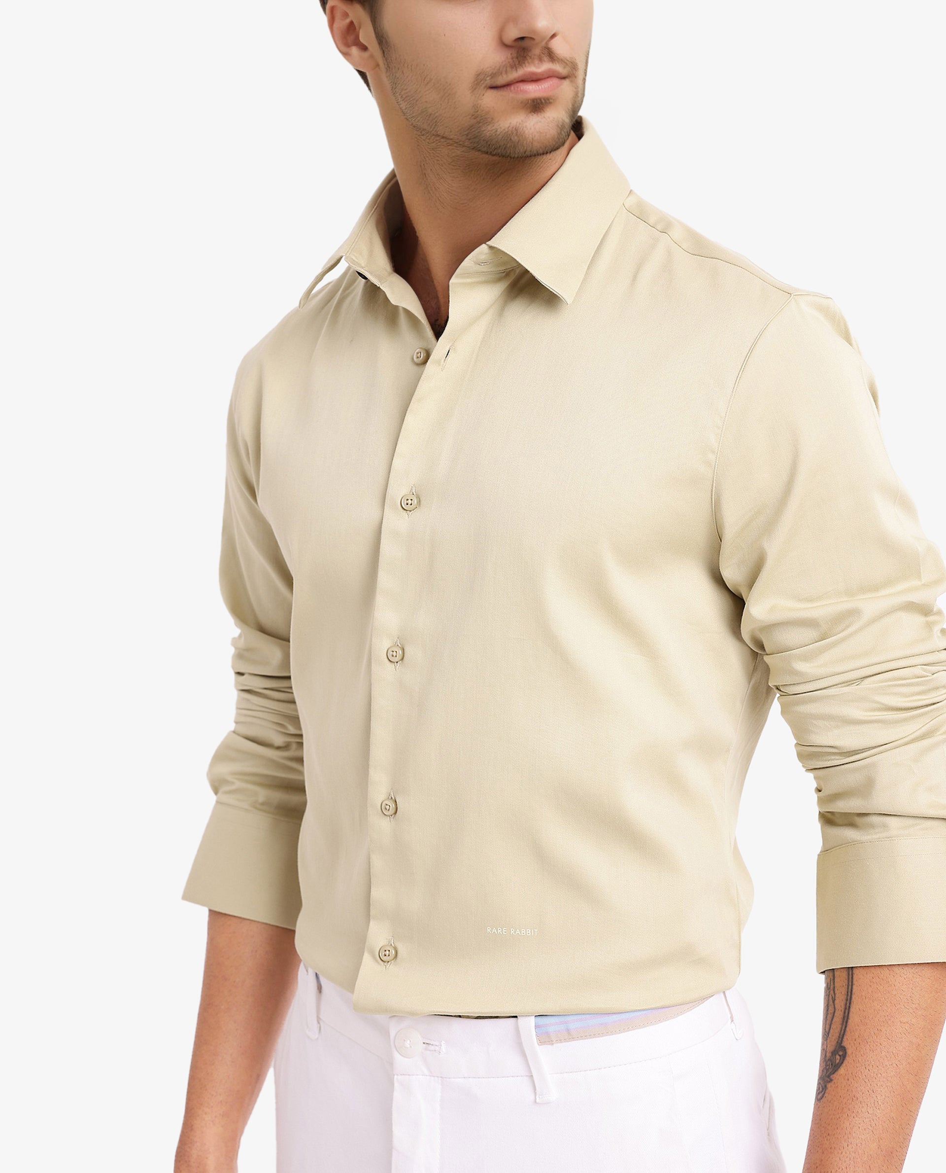 Rare Rabbit  Men's Holla Pastel Green Full Sleeves Regular Fit Satin Stretch Cotton Plain Shirt