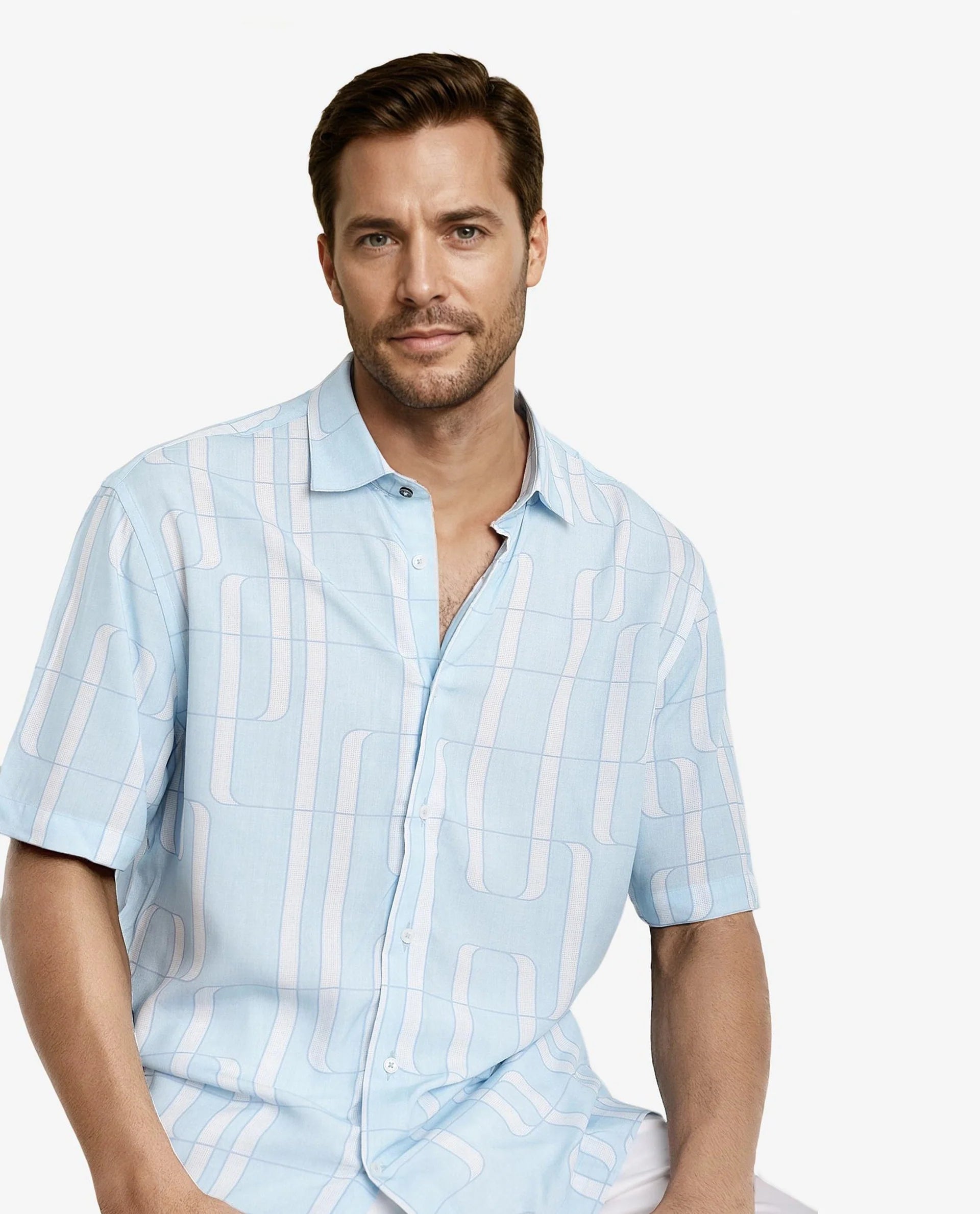 Rare Rabbit Men Holter Light Blue Viscose Fabric Short Sleeve Boxy Fit Abstract Print Shirt