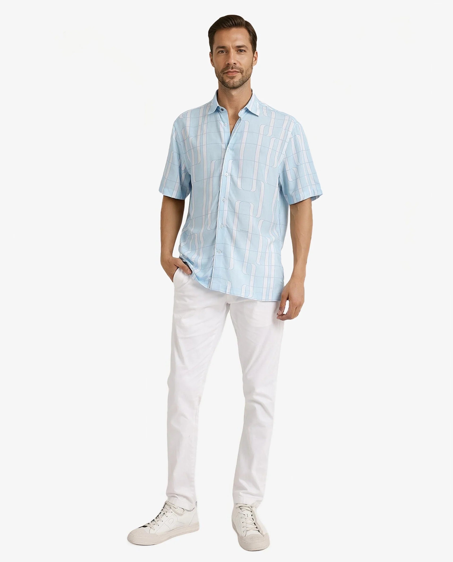 Rare Rabbit Men Holter Light Blue Viscose Fabric Short Sleeve Boxy Fit Abstract Print Shirt