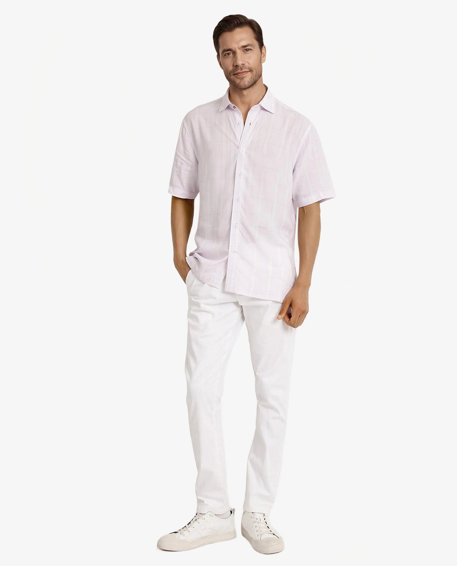 Rare Rabbit Men Holter Light Purple Viscose Fabric Short Sleeve Boxy Fit Abstract Print Shirt