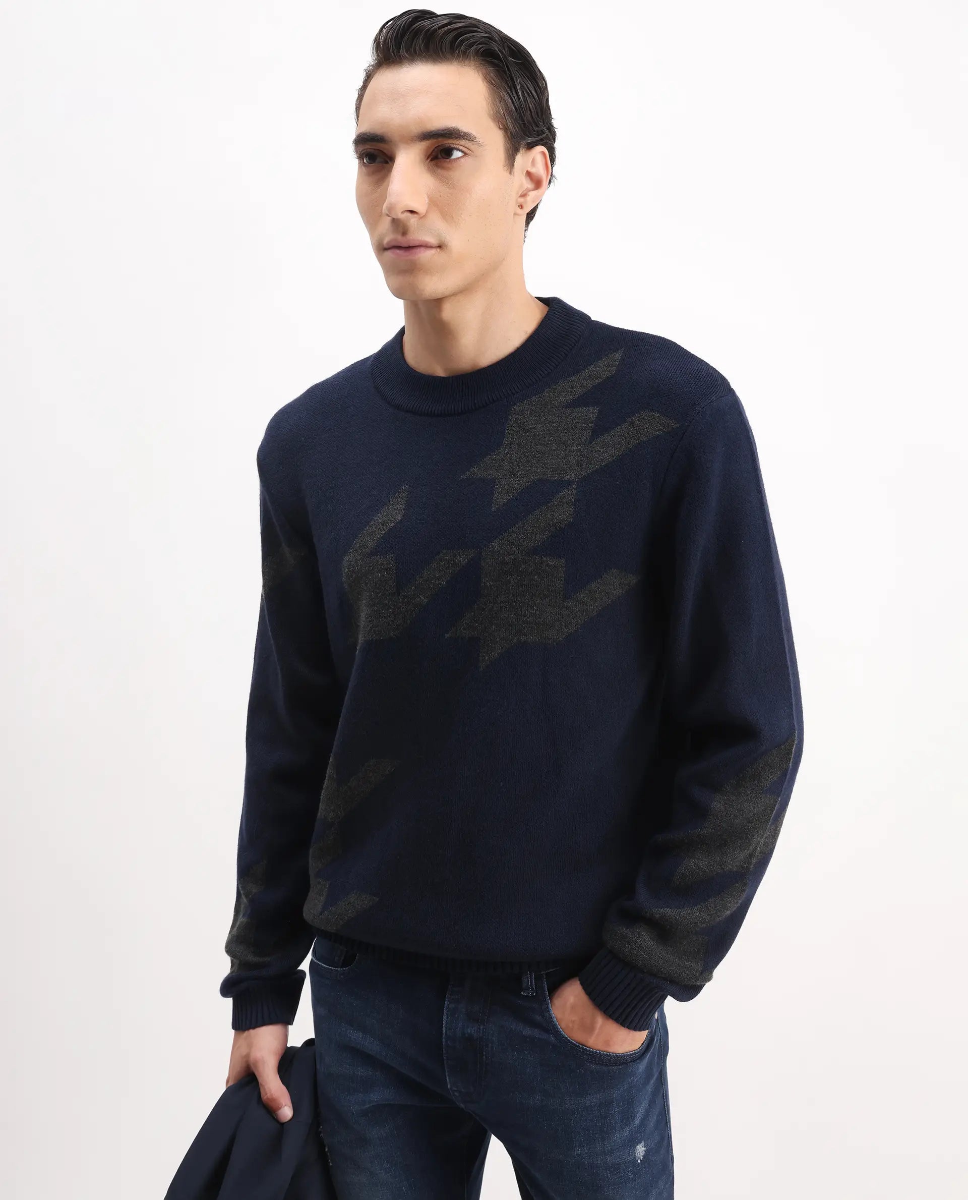 Rare Rabbit Men's Hond Navy Acrylic Abstract Print Regular Fit Full Sleeve Crew Neck Sweater