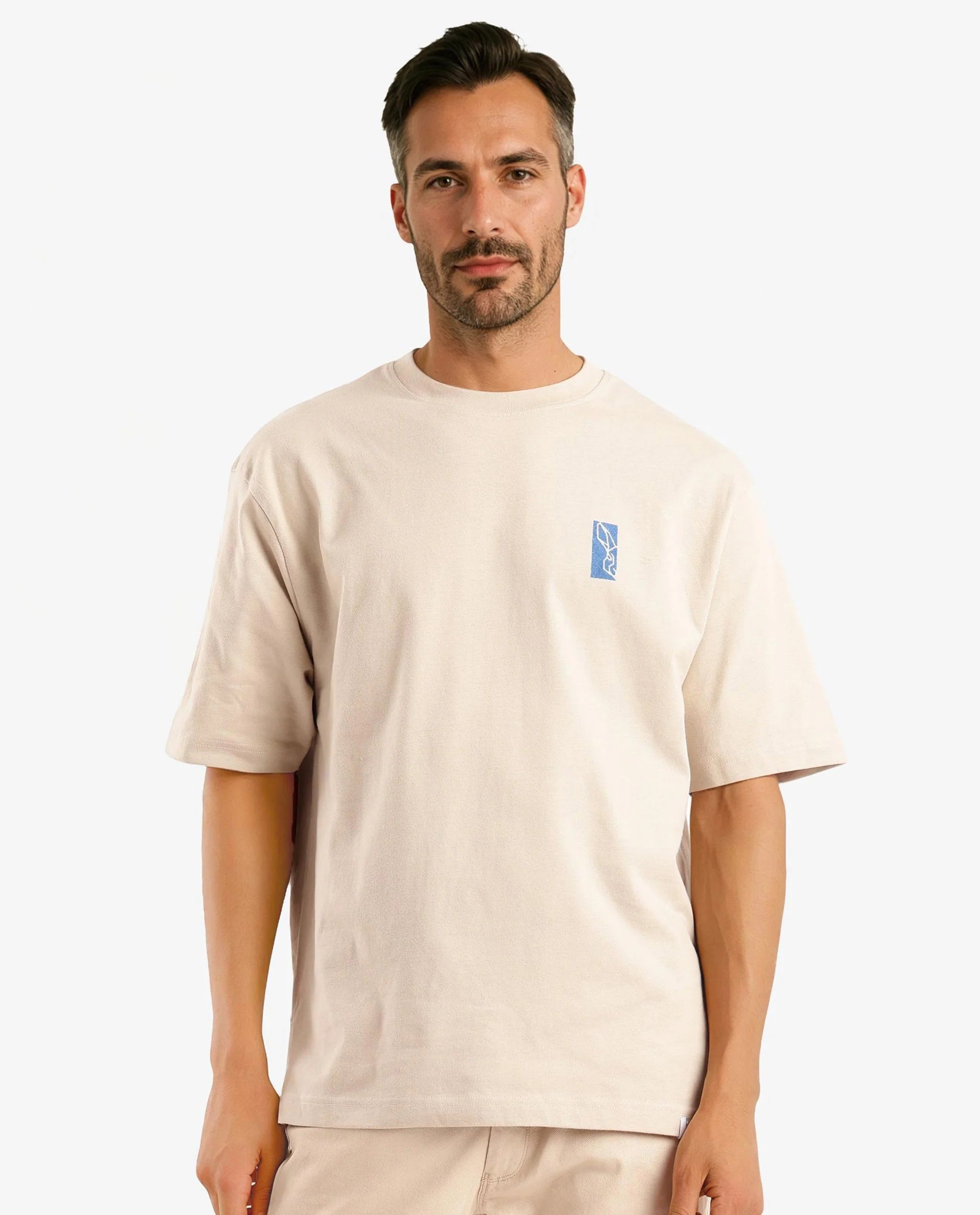 Rare Rabbit Men Hord Beige Short Sleeve Crew Neck Boxy Fit Printed T-Shirt