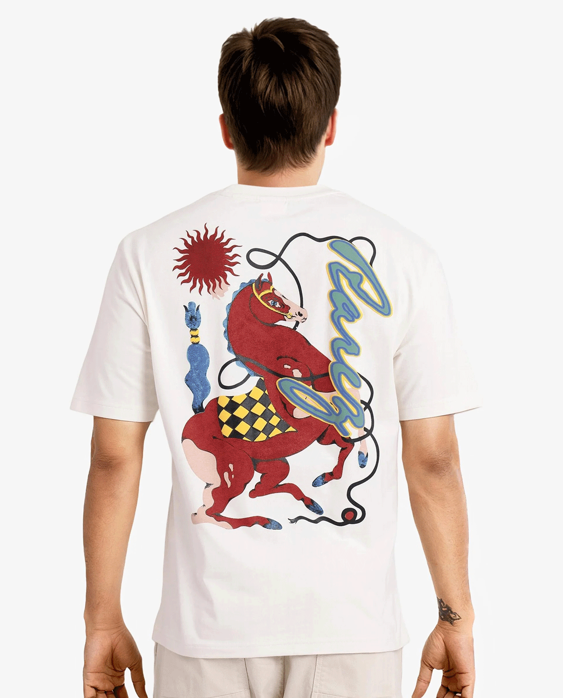 Rare Rabbit Men Hord Off White Cotton Fabric Short Sleeve Crew Neck Oversized Fit Graphic Back Print T-Shirt