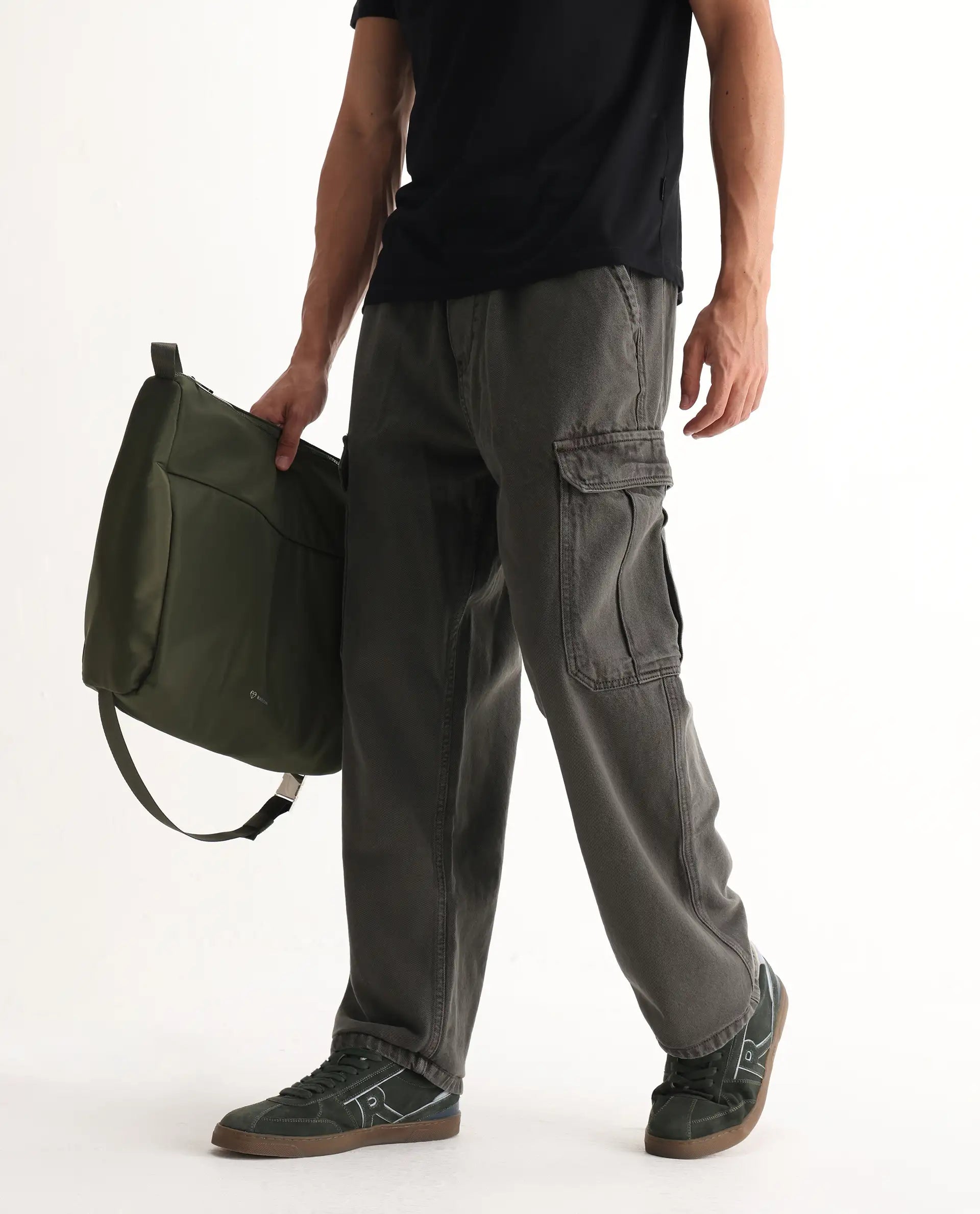 Rare Rabbit Men's Hork Dark Green Cotton Plain Baggy Fit Jeans