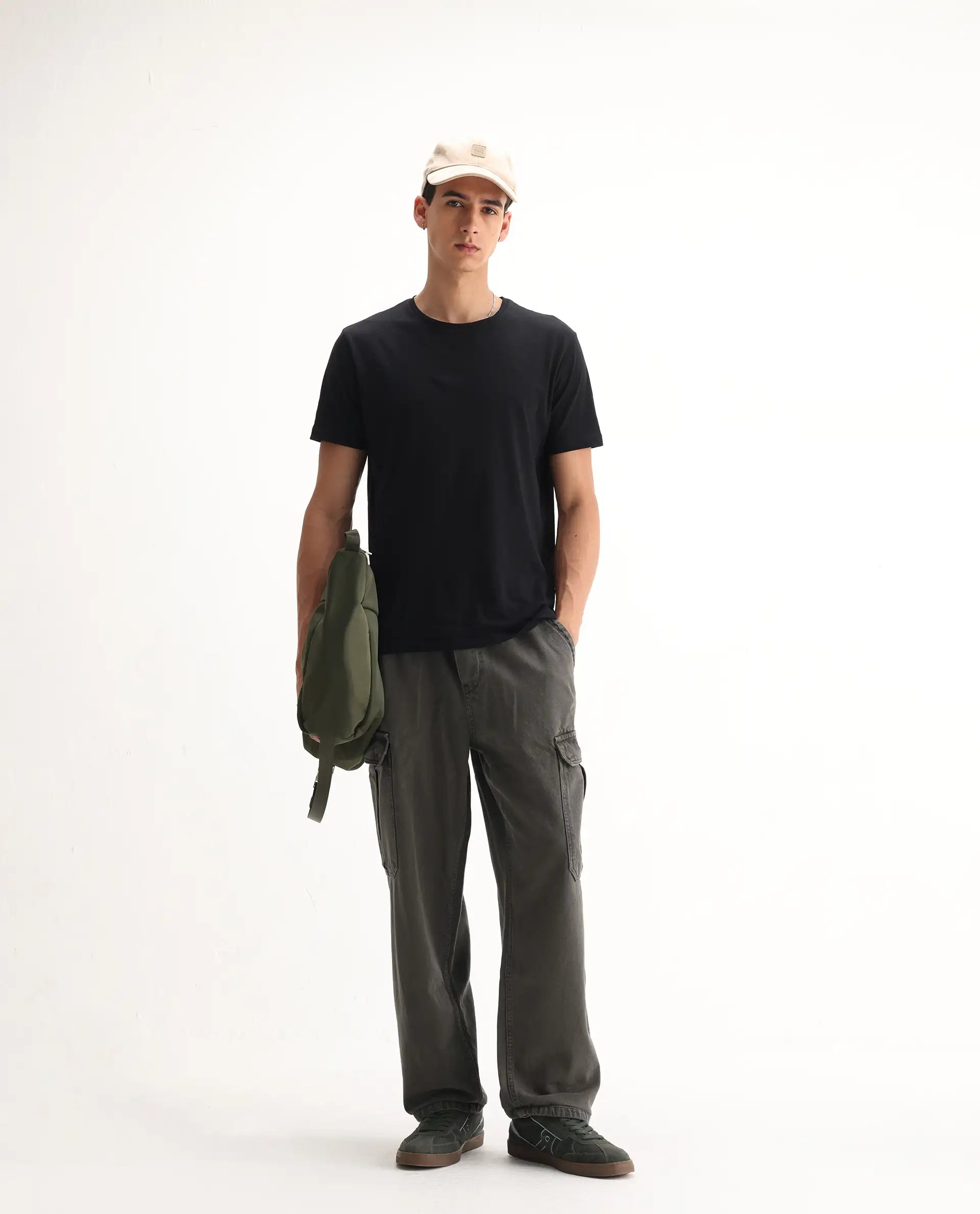 Rare Rabbit Men's Hork Dark Green Cotton Plain Baggy Fit Jeans