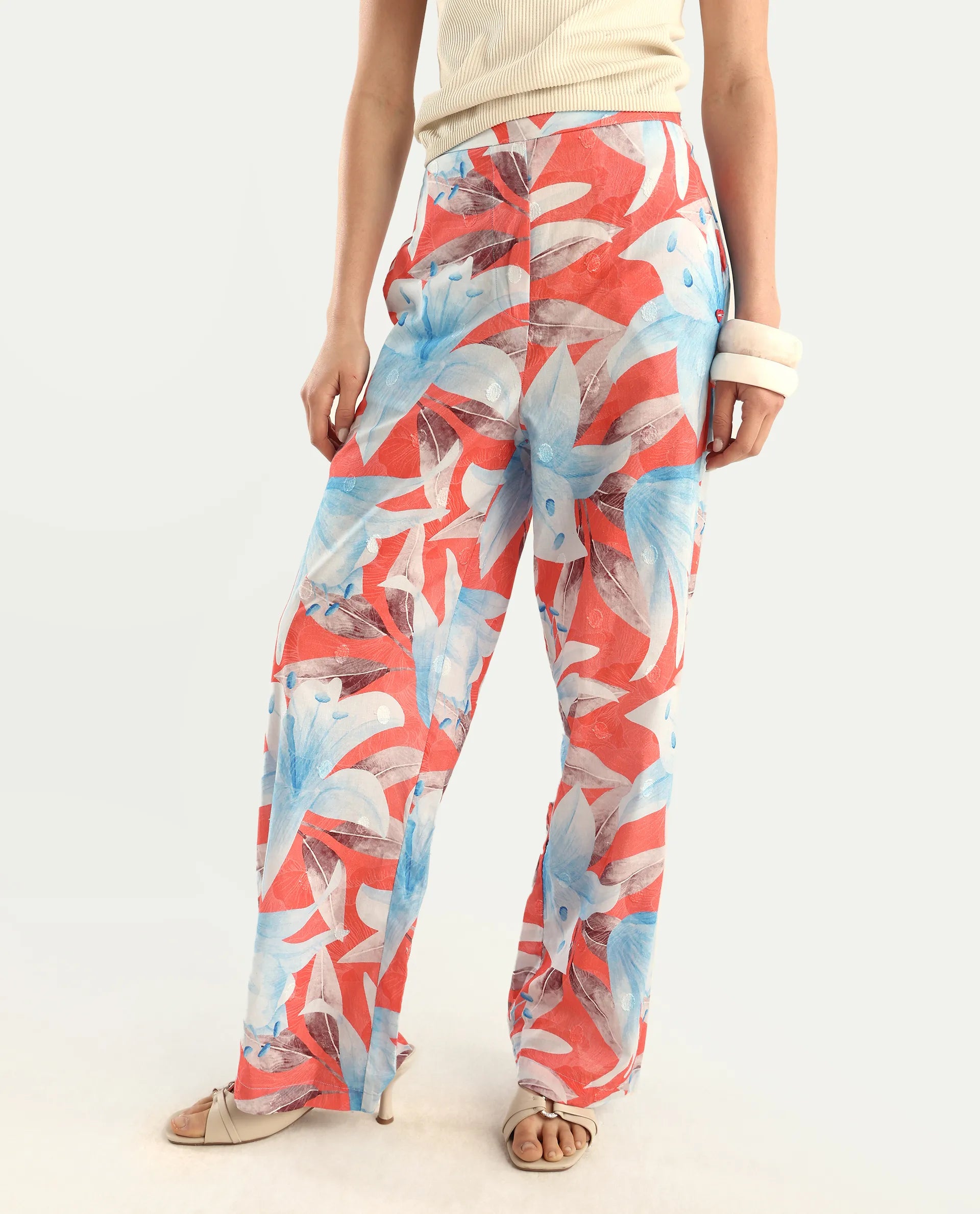 Rareism Women's Housto-B Pink Cotton Floral Print Straight Fit Trouser