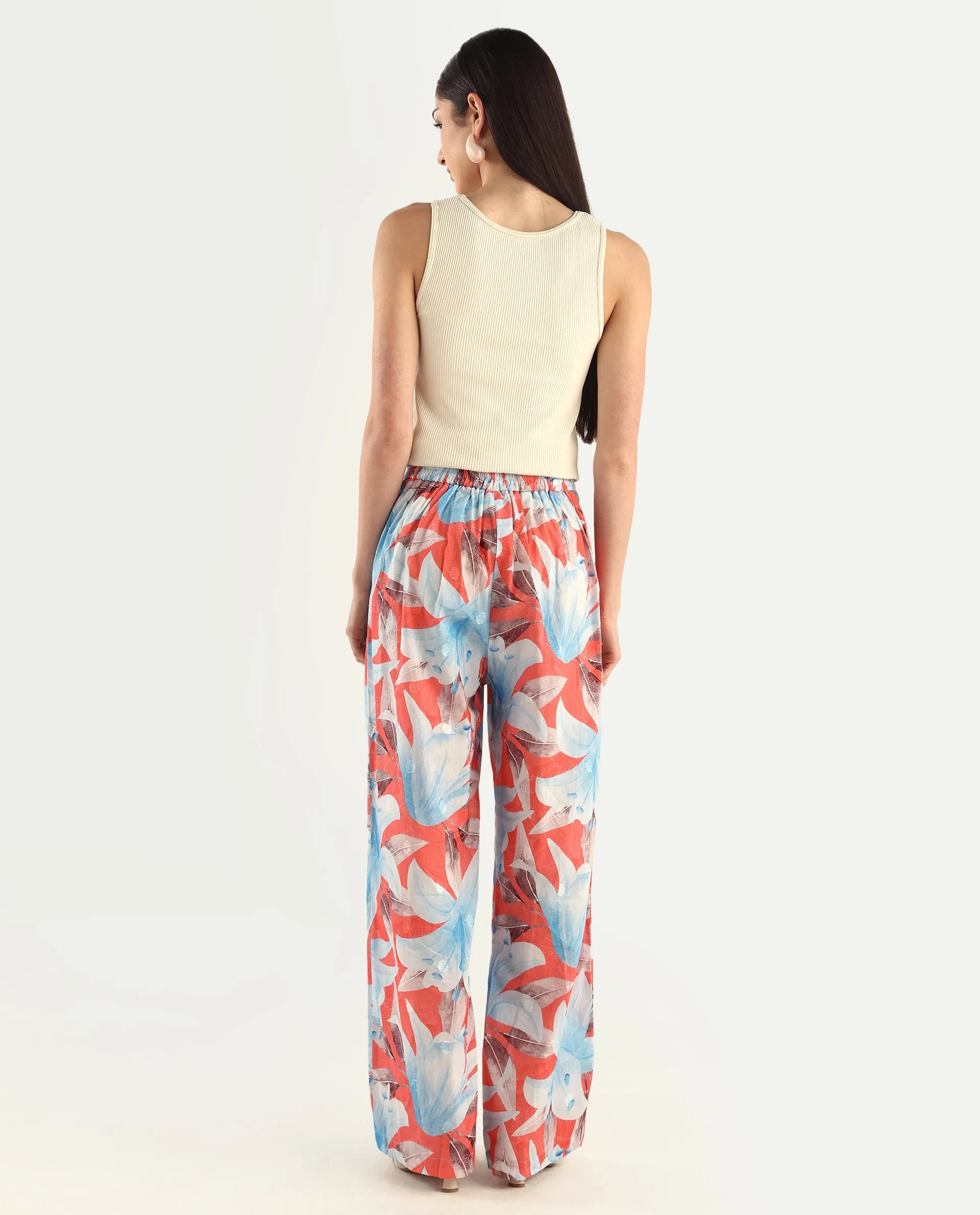 Rareism Women's Housto-B Pink Cotton Floral Print Straight Fit Trouser