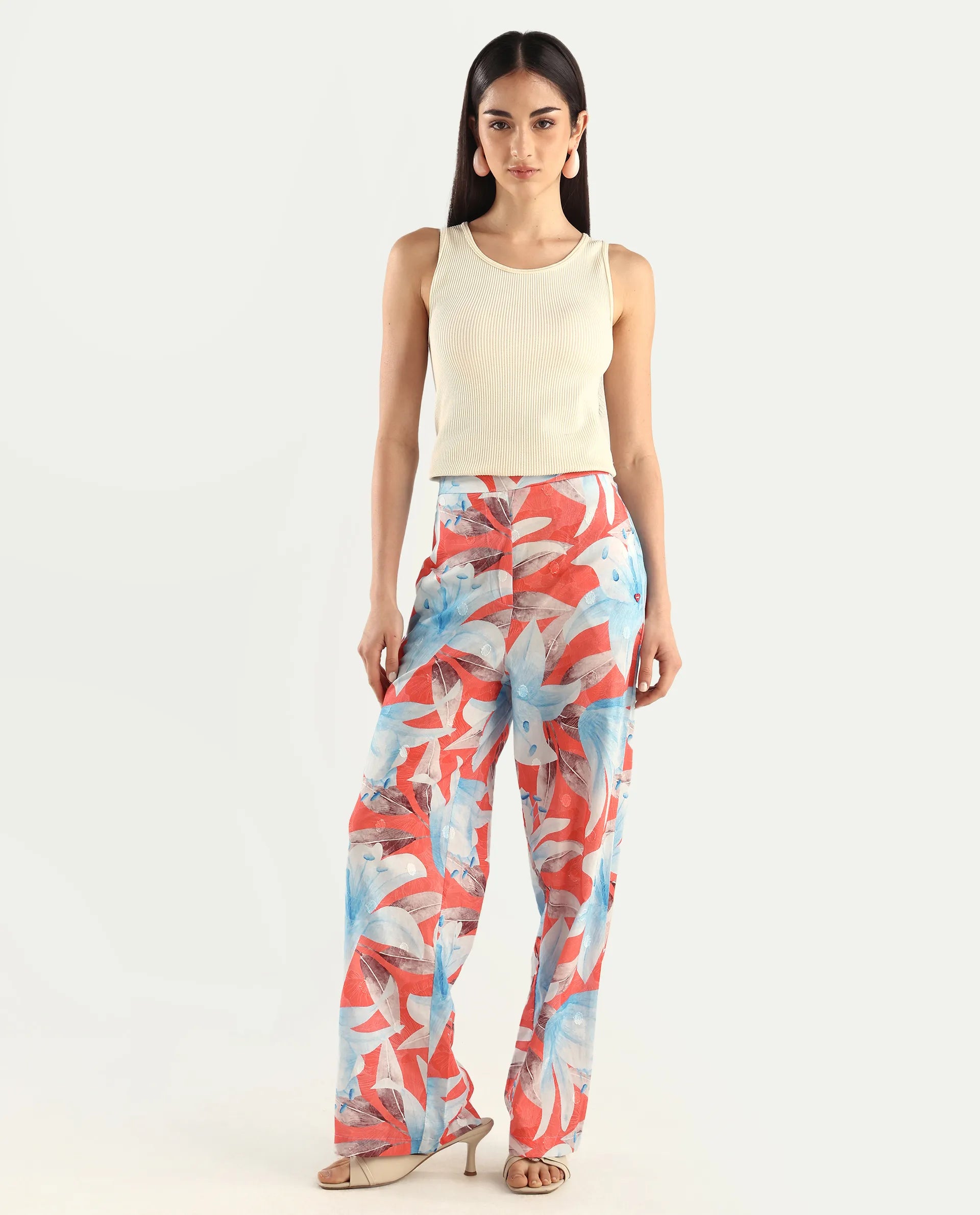 Rareism Women's Housto-B Pink Cotton Floral Print Straight Fit Trouser