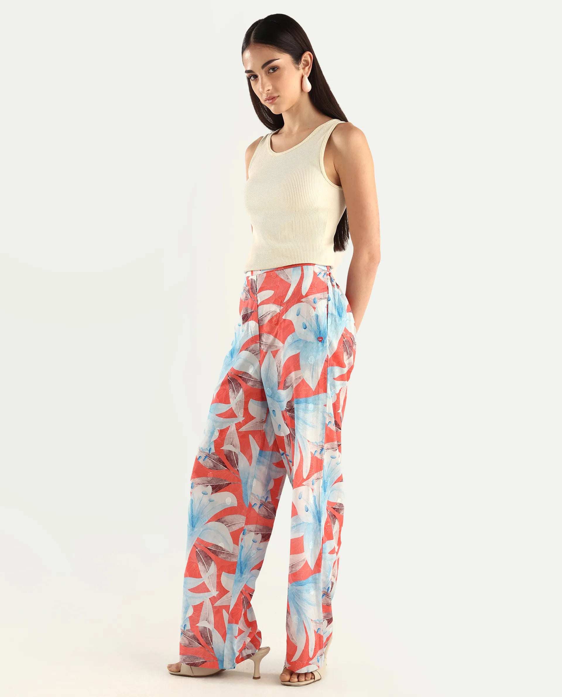 Rareism Women's Housto-B Pink Cotton Floral Print Straight Fit Trouser