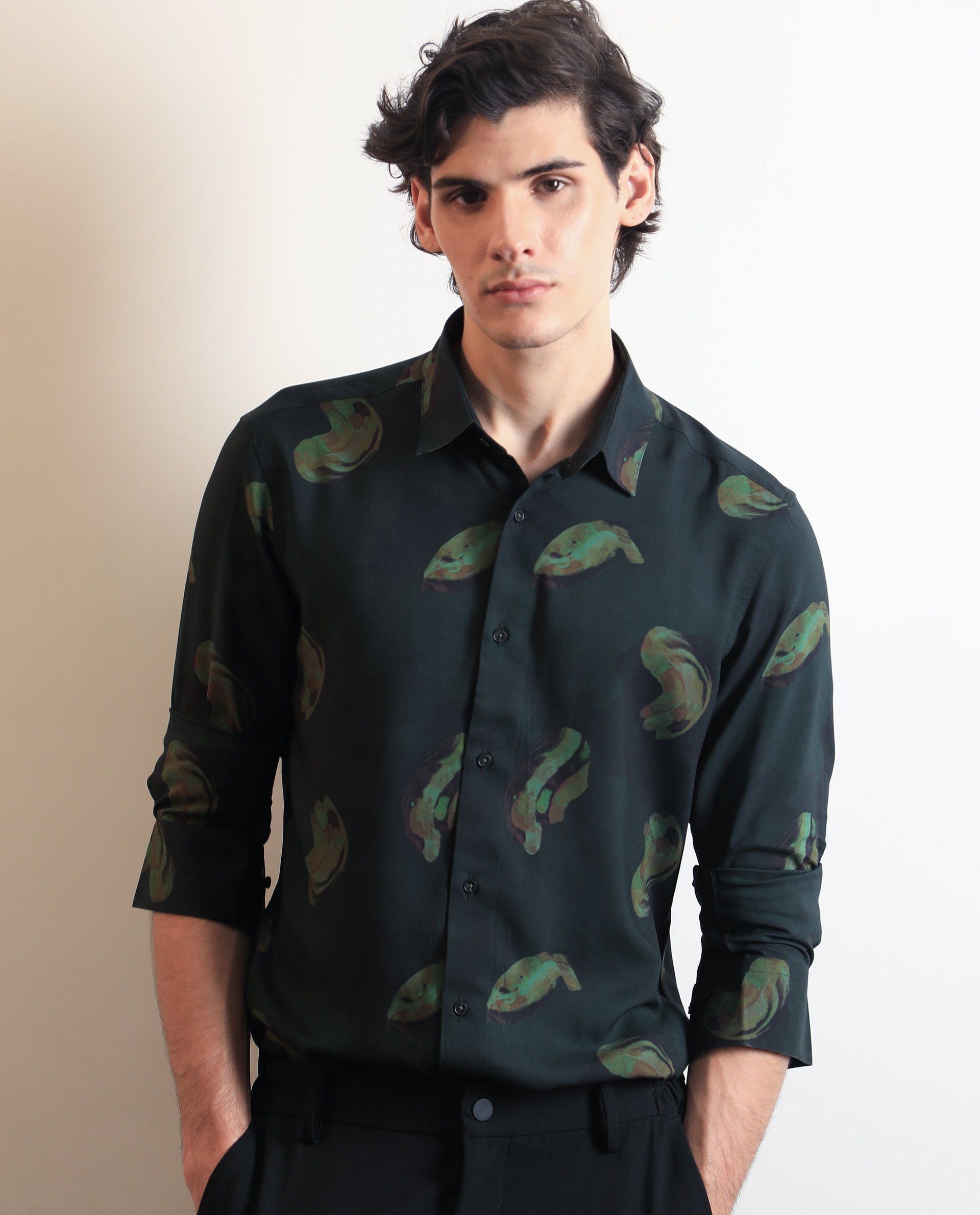 Rare Rabbit Men's Inari Dark Green Viscose Fabric Abstract Print Full Sleeves Shirt
