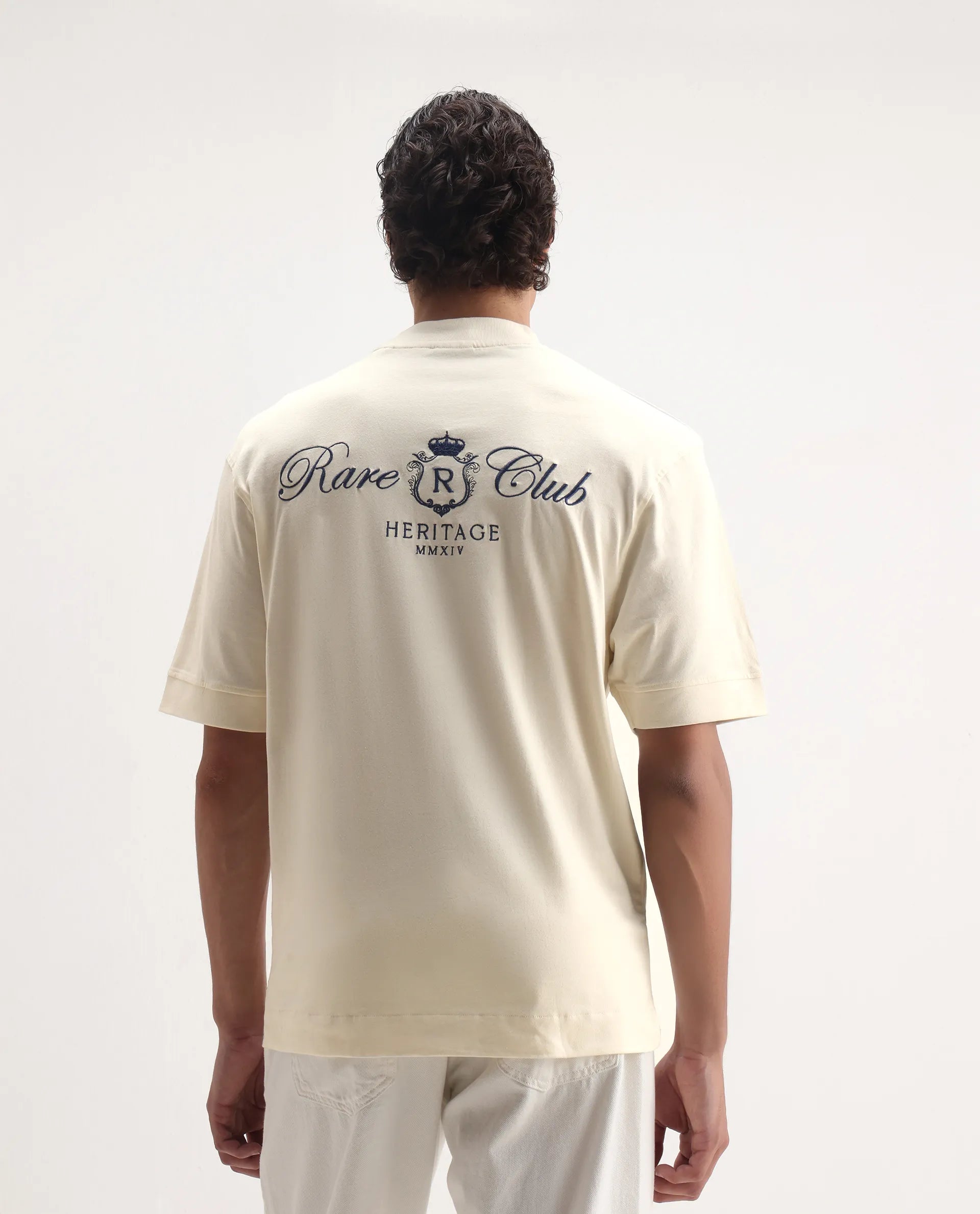 Rare Rabbit Men's Hyde Off White Cotton Embroidered Oversized Fit Half Sleeve Crew Neck T-Shirt