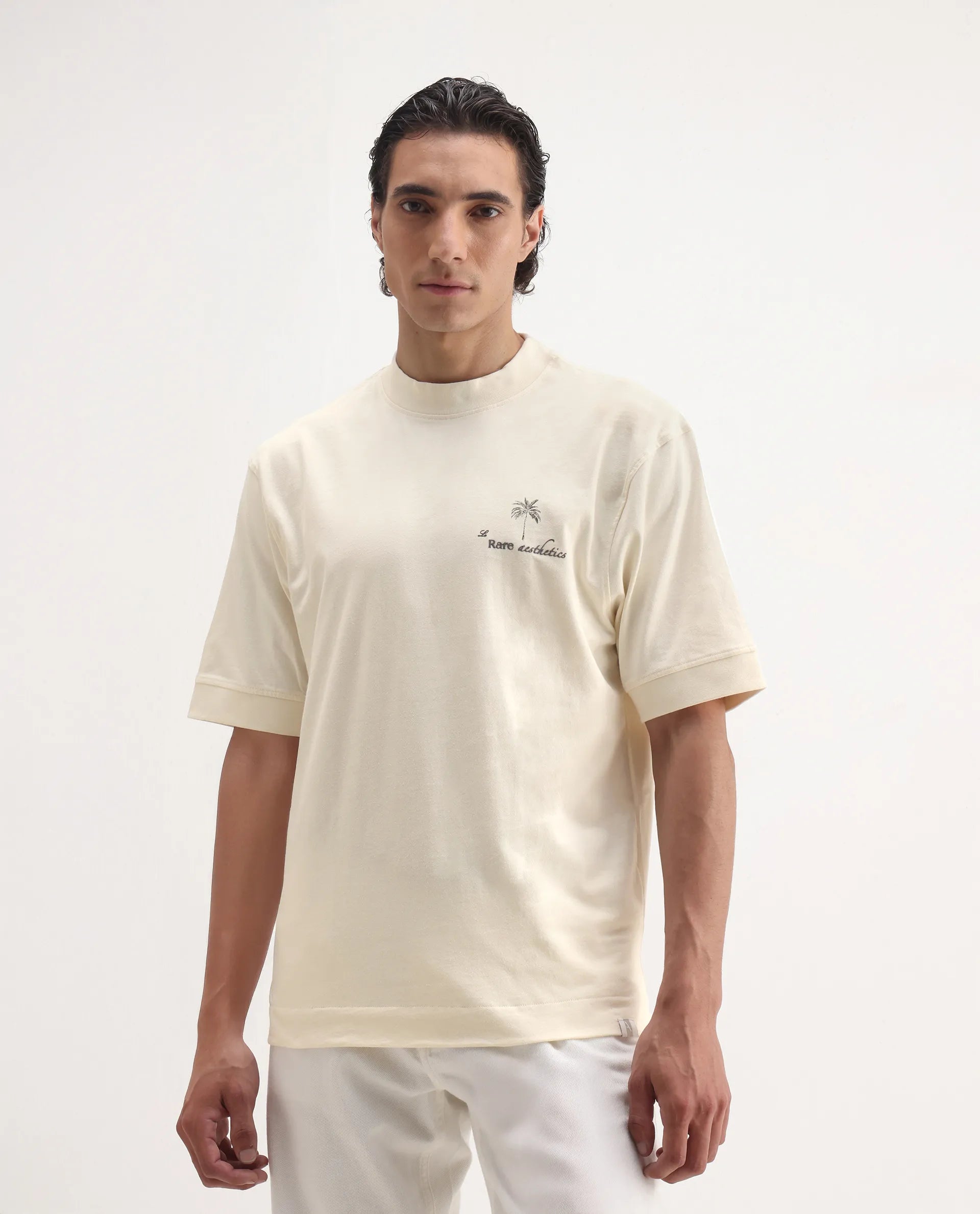 Rare Rabbit Men's Hyde Off White Cotton Embroidered Oversized Fit Half Sleeve Crew Neck T-Shirt
