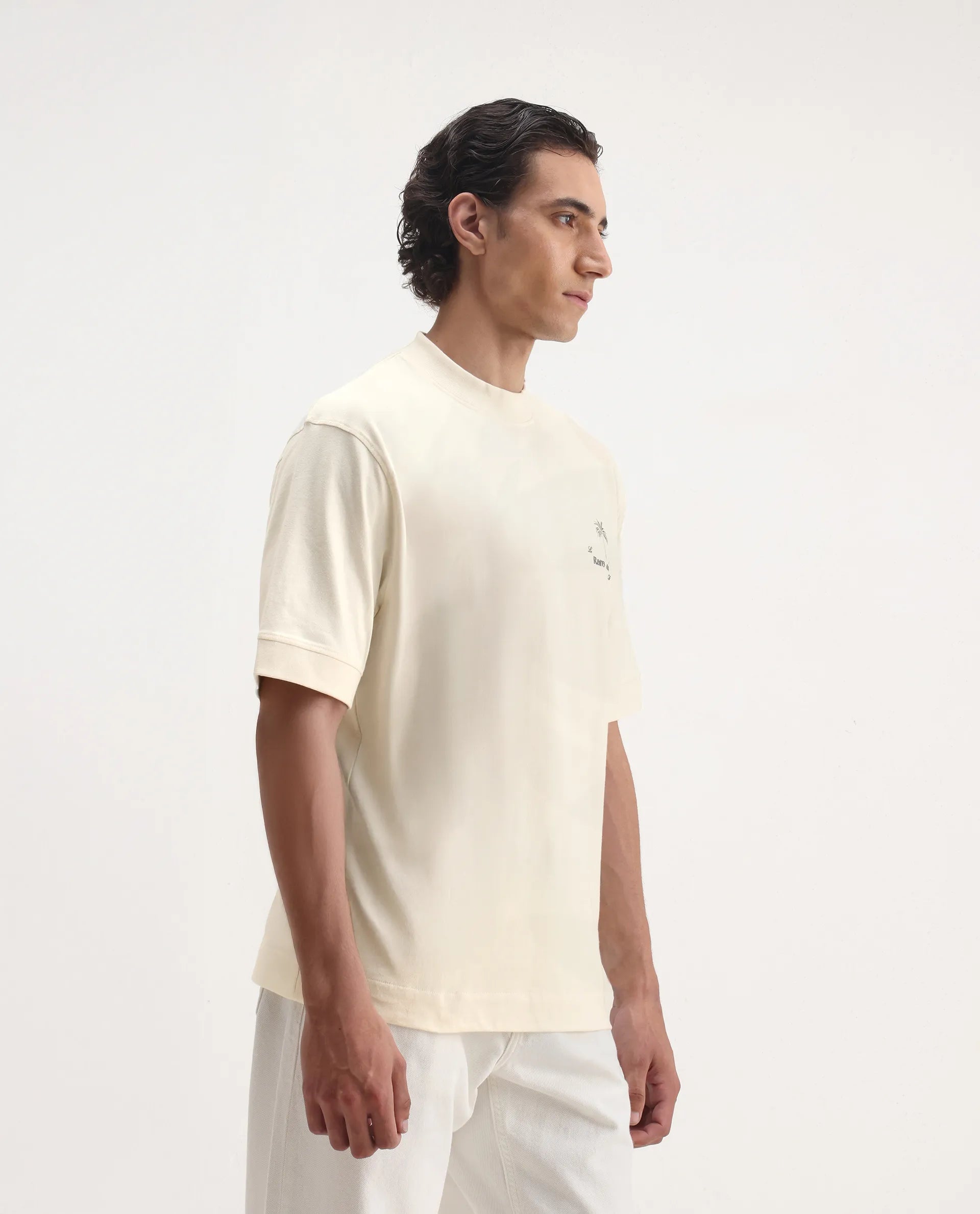 Rare Rabbit Men's Hyde Off White Cotton Embroidered Oversized Fit Half Sleeve Crew Neck T-Shirt