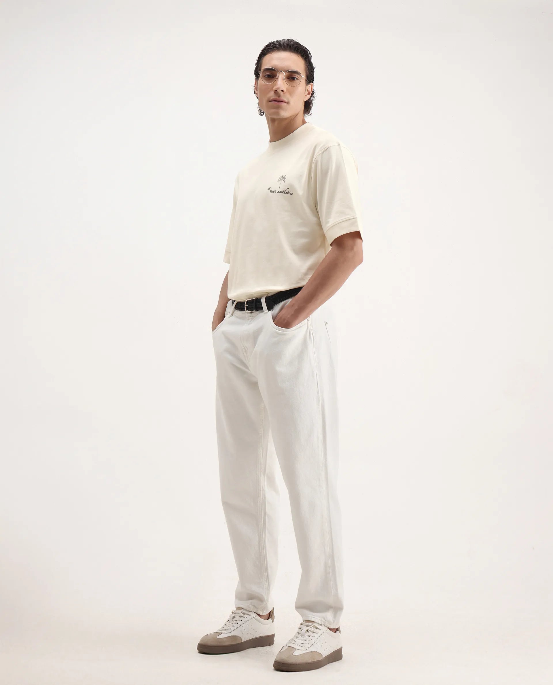 Rare Rabbit Men's Hyde Off White Cotton Embroidered Oversized Fit Half Sleeve Crew Neck T-Shirt