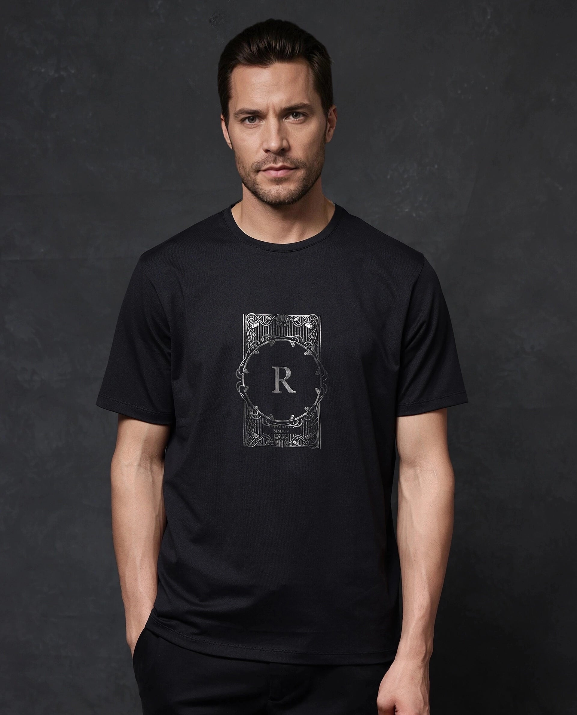 Rare Rabbit Men Hype Black Cotton Polyester Lycra Fabric Short Sleeve Crew Neck Regular Fit Graphic Print T-Shirt