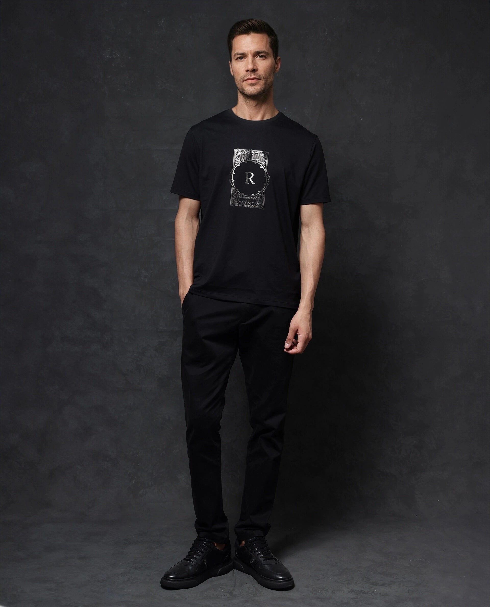 Rare Rabbit Men Hype Black Cotton Polyester Lycra Fabric Short Sleeve Crew Neck Regular Fit Graphic Print T-Shirt