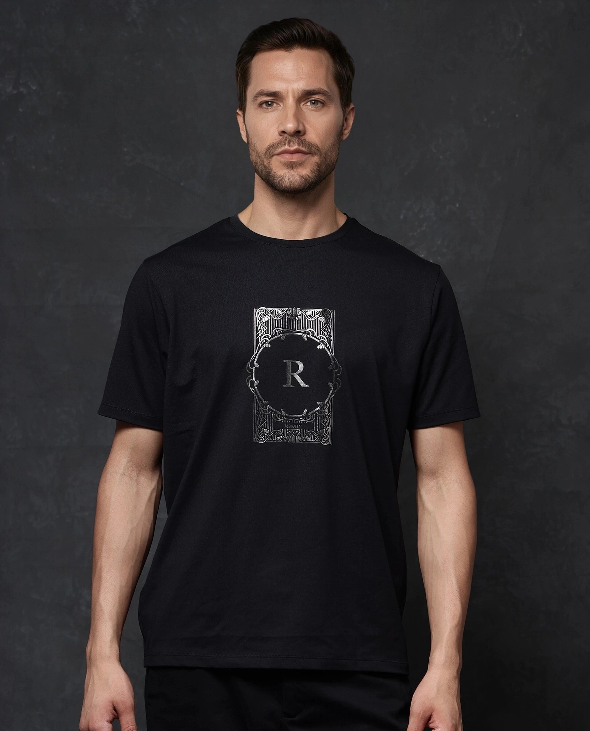 Rare Rabbit Men Hype Black Cotton Polyester Lycra Fabric Short Sleeve Crew Neck Regular Fit Graphic Print T-Shirt