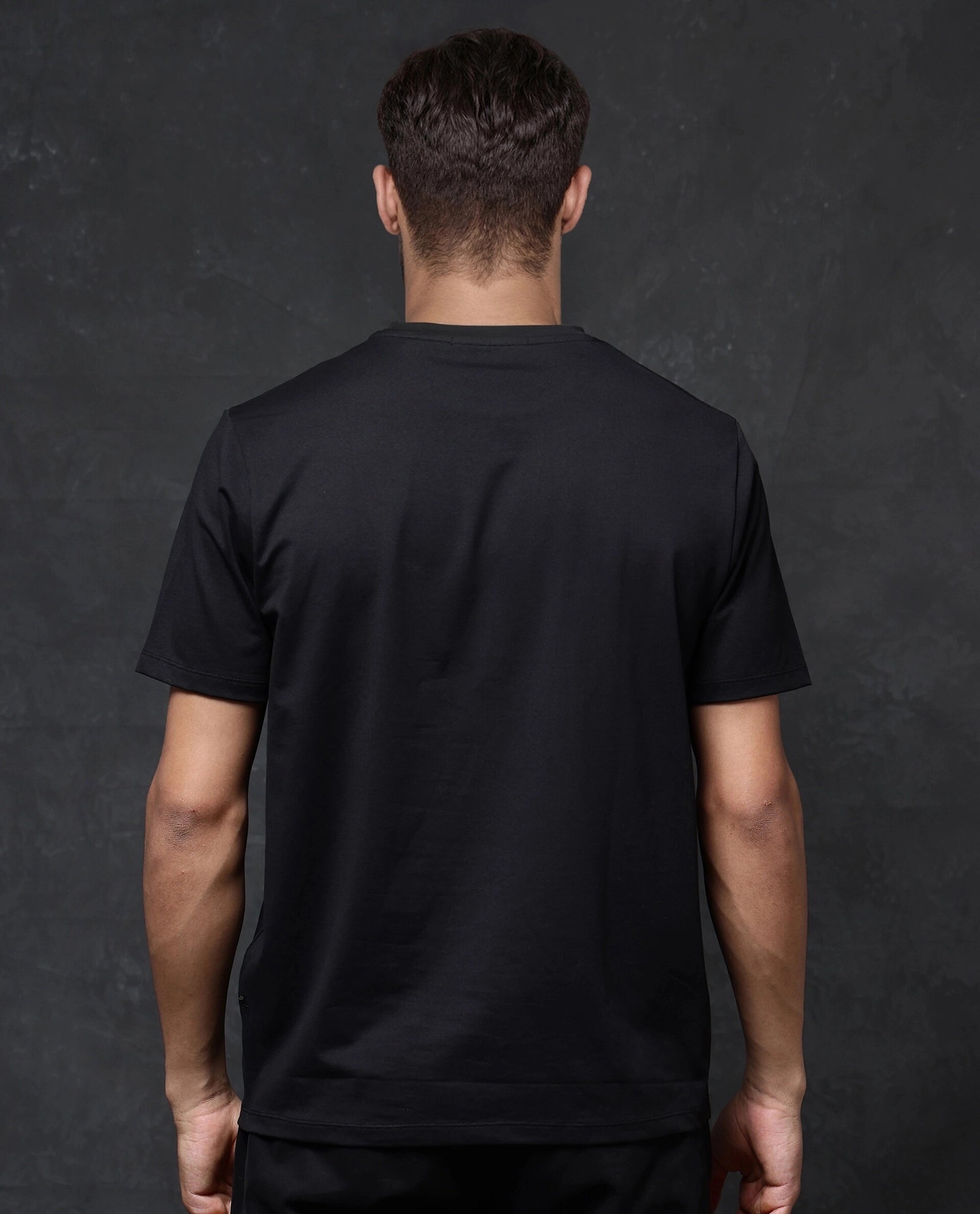 Rare Rabbit Men Hype Black Cotton Polyester Lycra Fabric Short Sleeve Crew Neck Regular Fit Graphic Print T-Shirt