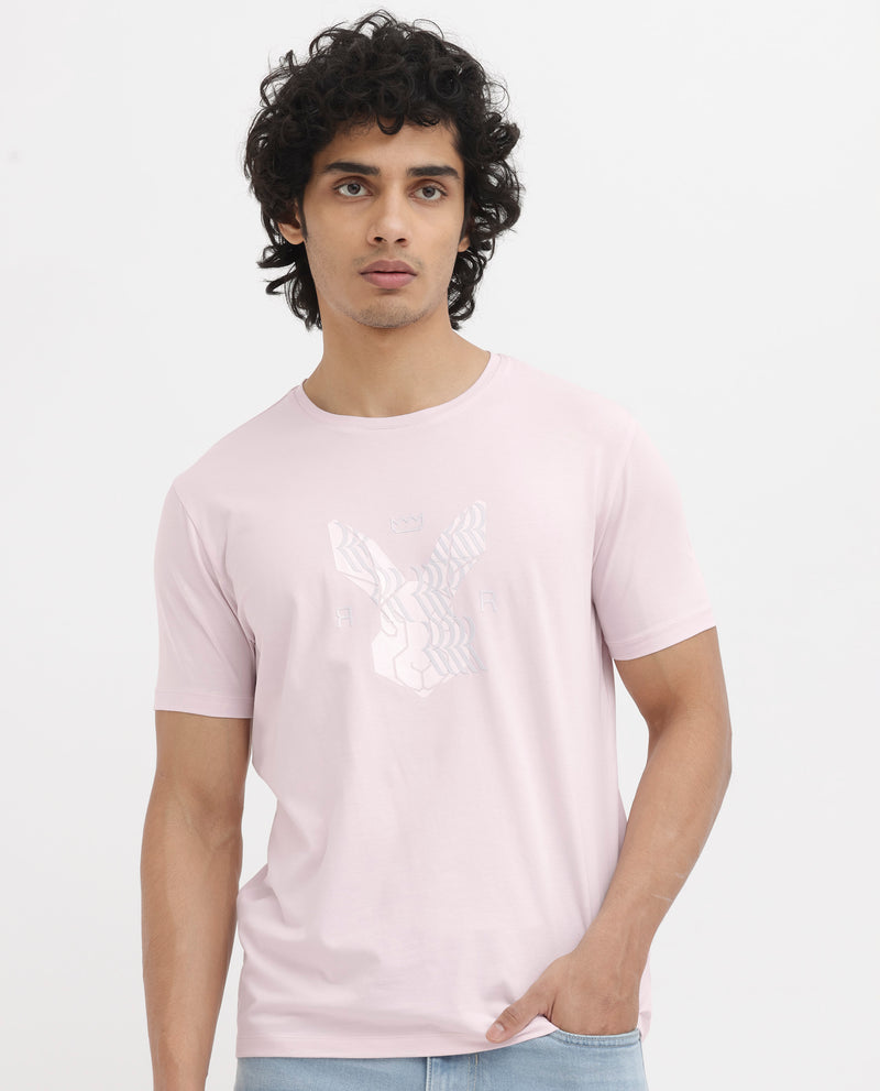 Rare Rabbit Mens Iced Pastel Pink Cotton Lycra Fabric Short Sleeve Logo Graphic Print T-Shirt