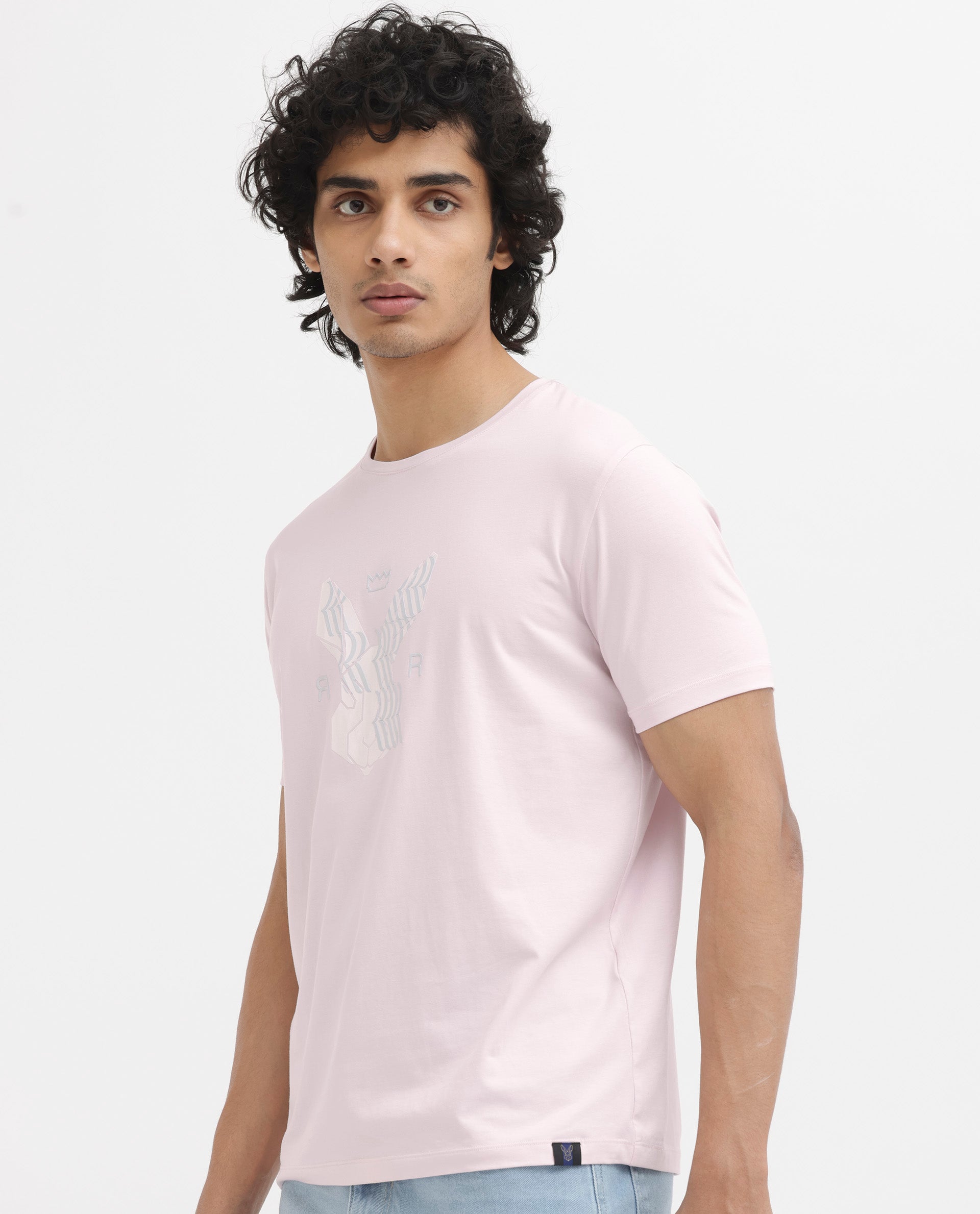 Rare Rabbit Mens Iced Pastel Pink Cotton Lycra Fabric Short Sleeve Logo Graphic Print T-Shirt