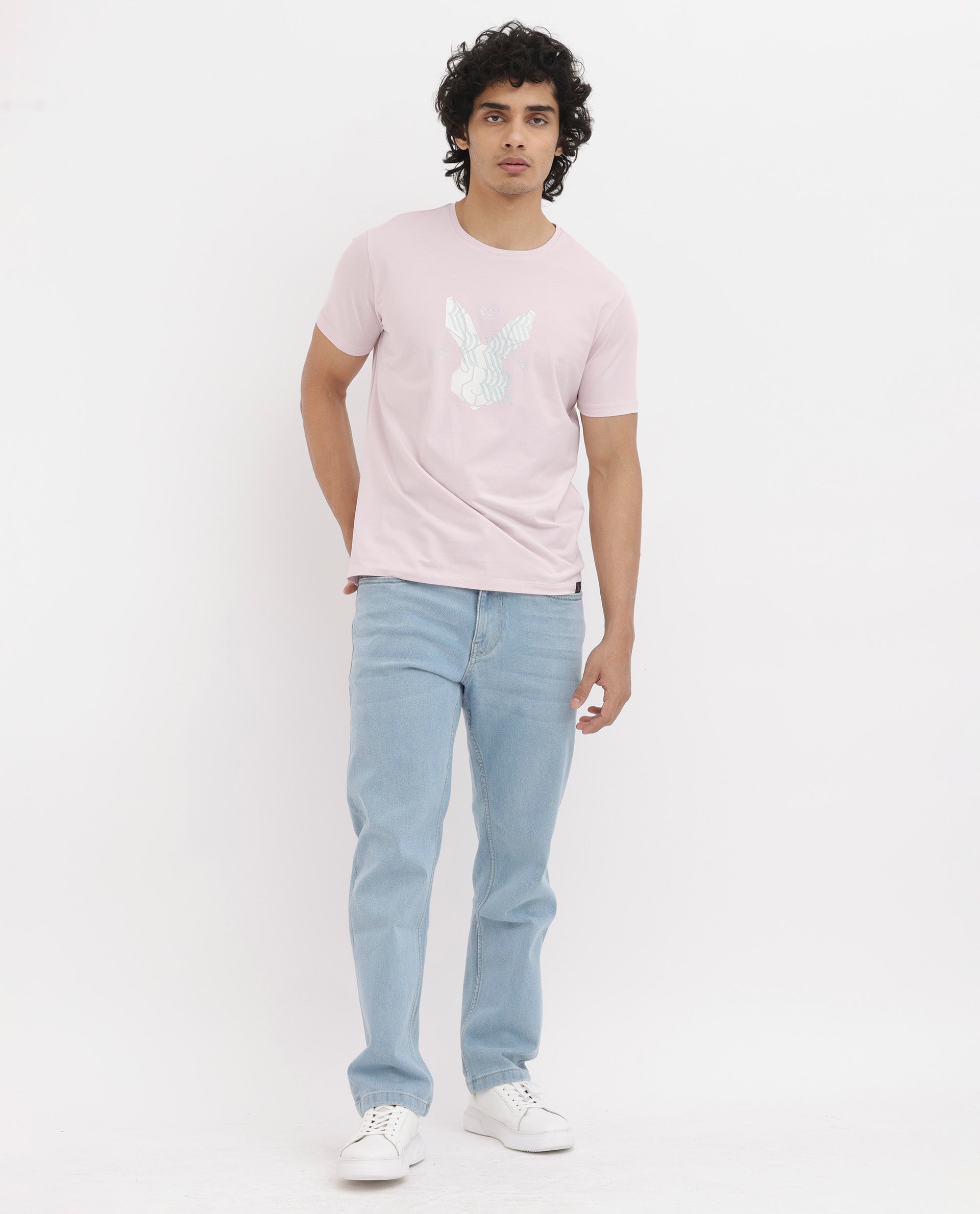 Rare Rabbit Mens Iced Pastel Pink Cotton Lycra Fabric Short Sleeve Logo Graphic Print T-Shirt