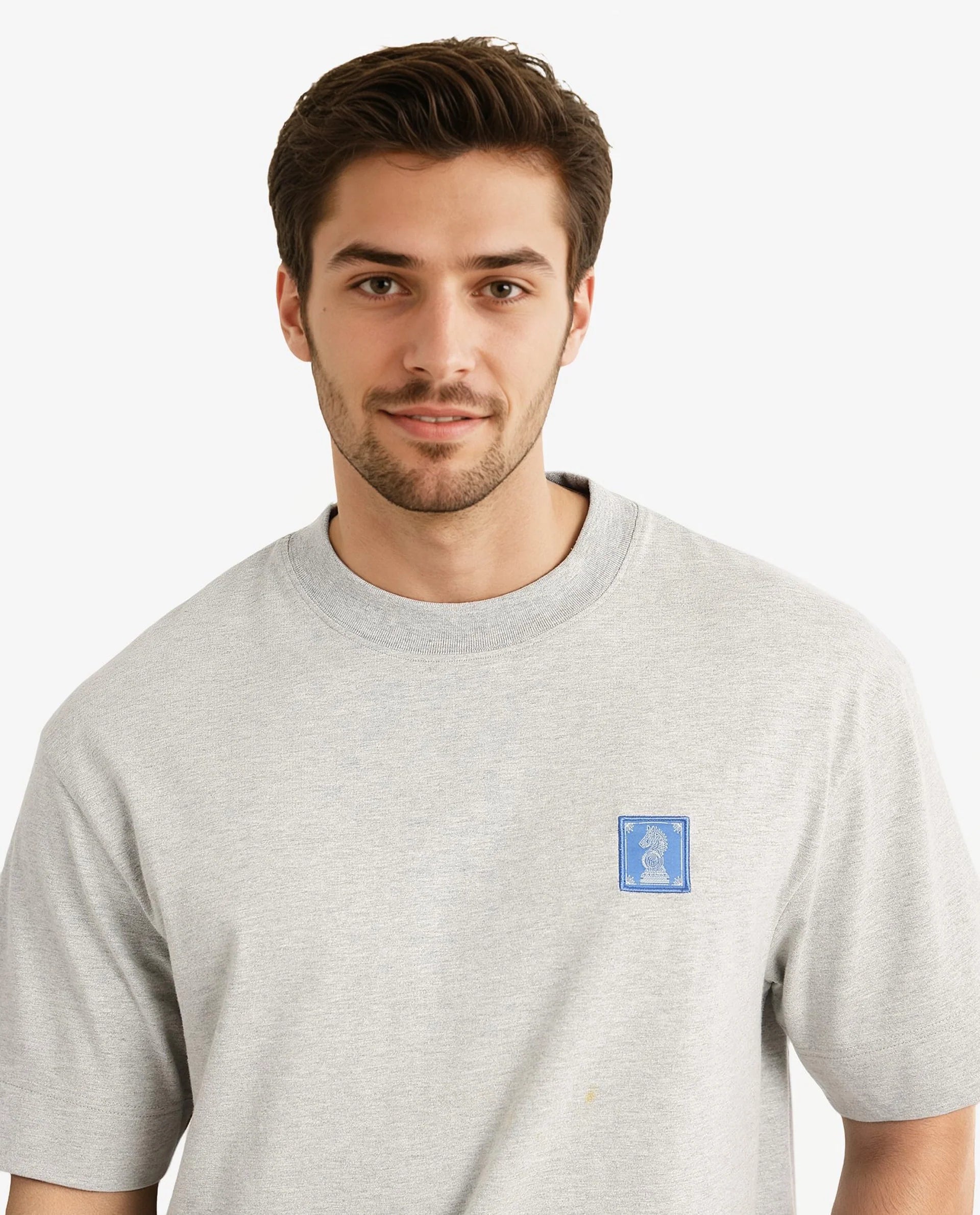 Rare Rabbit Men Ight Melange Grey Cotton Fabric Short Sleeve Crew Neck Oversized Fit Graphic Back Print T-Shirt