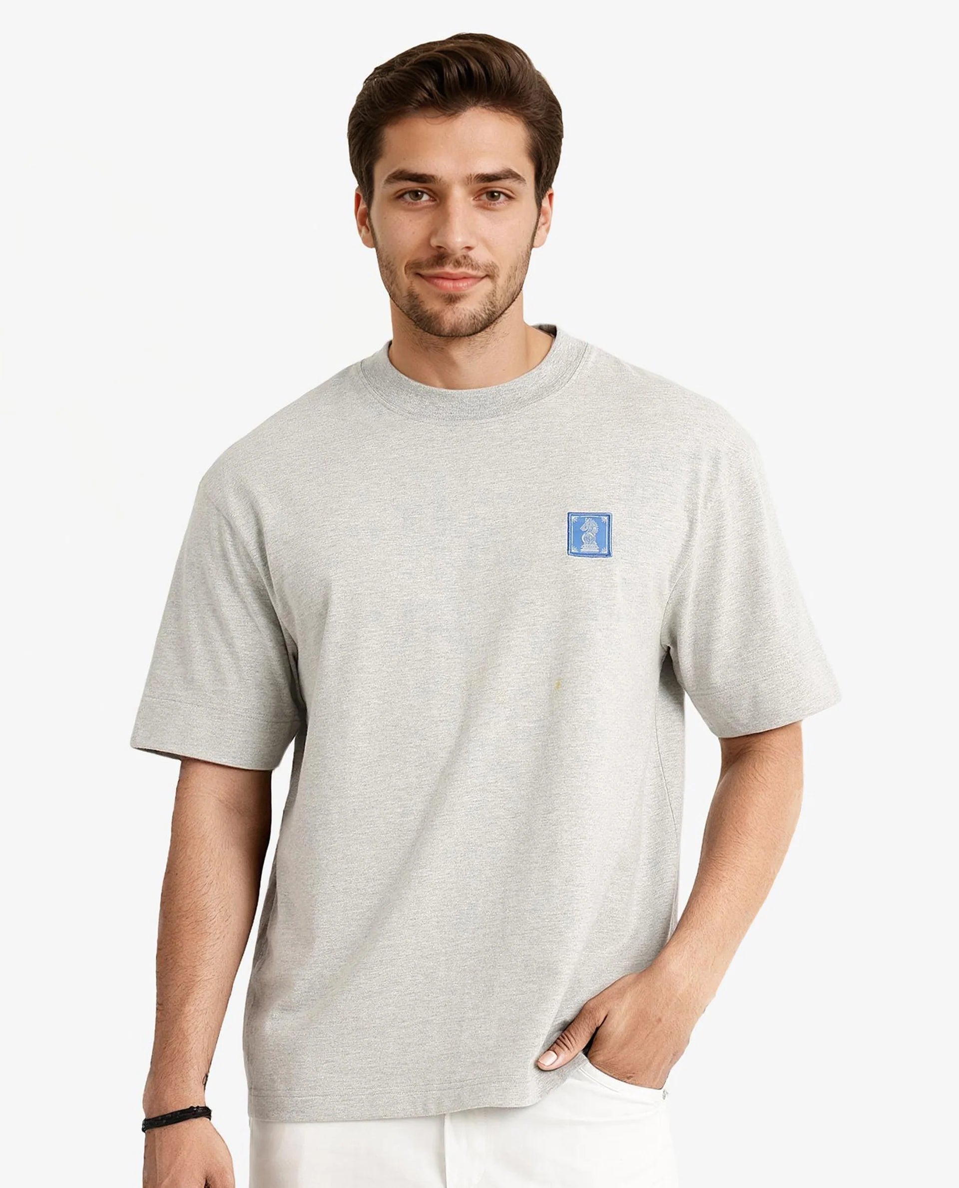 Rare Rabbit Men Ight Melange Grey Cotton Fabric Short Sleeve Crew Neck Oversized Fit Graphic Back Print T-Shirt